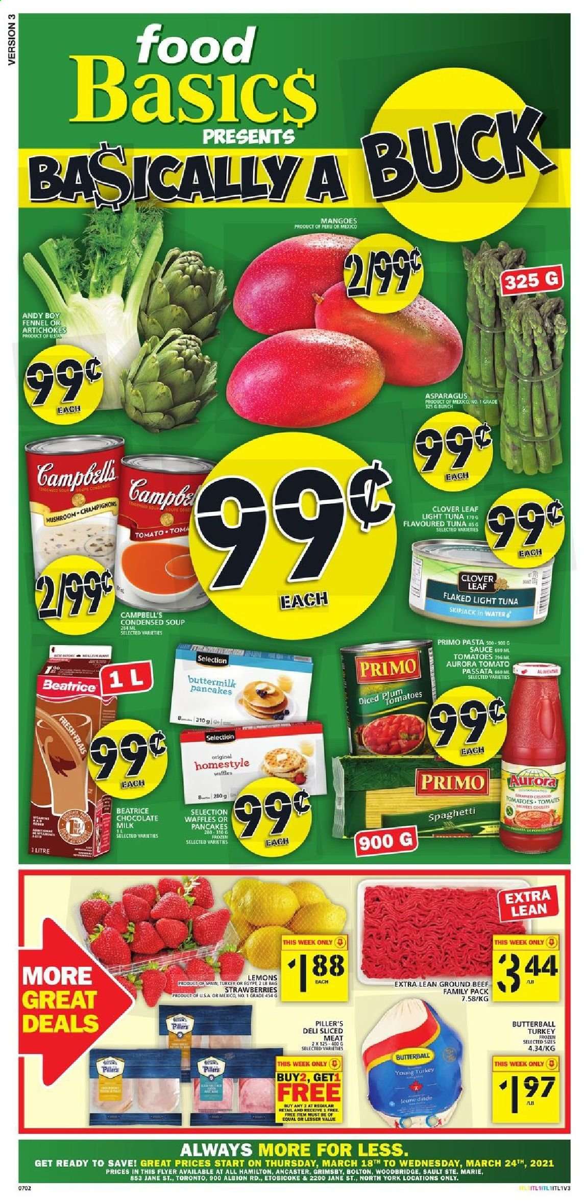 thumbnail - Food Basics Flyer - March 18, 2021 - March 24, 2021 - Sales products - mushrooms, waffles, artichoke, asparagus, tomatoes, mango, strawberries, lemons, tuna, Campbell's, spaghetti, condensed soup, soup, pasta, sauce, instant soup, Butterball, Clover, buttermilk, milk chocolate, chocolate, light tuna, fennel, Woodbridge, beef meat, ground beef. Page 1.