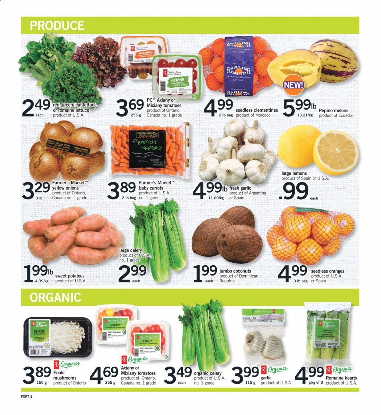 thumbnail - Fortinos Flyer - March 18, 2021 - March 24, 2021 - Sales products - mushrooms, carrots, celery, garlic, sweet potato, tomatoes, potatoes, onion, lettuce, clementines, cherries, coconut, melons, lemons. Page 2.