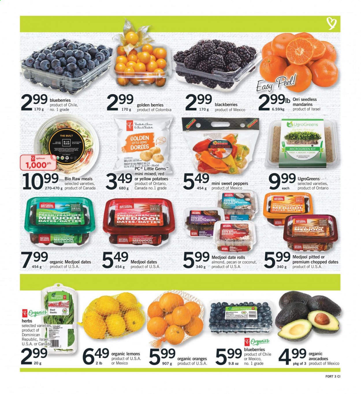 thumbnail - Fortinos Flyer - March 18, 2021 - March 24, 2021 - Sales products - sweet peppers, potatoes, peppers, blackberries, blueberries, mandarines, lemons, esponja, herbs, dried dates, Optimum. Page 3.