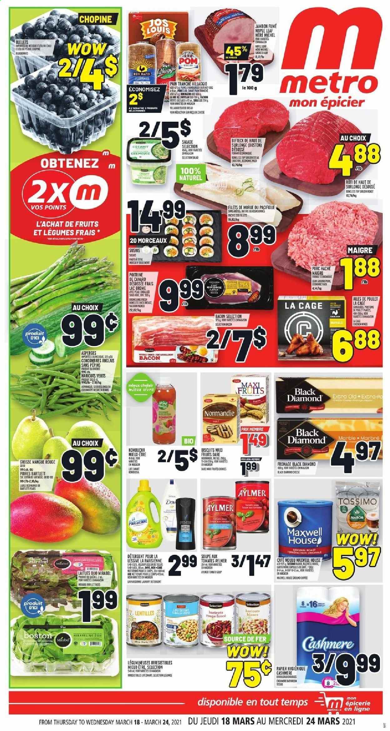 thumbnail - Metro Flyer - March 18, 2021 - March 24, 2021 - Sales products - cucumber, green beans, salad, mango, pears, cod, soup, bacon, cheese, Mars, biscuit, kombucha, Maxwell House, coffee, ground pork, cage. Page 1.
