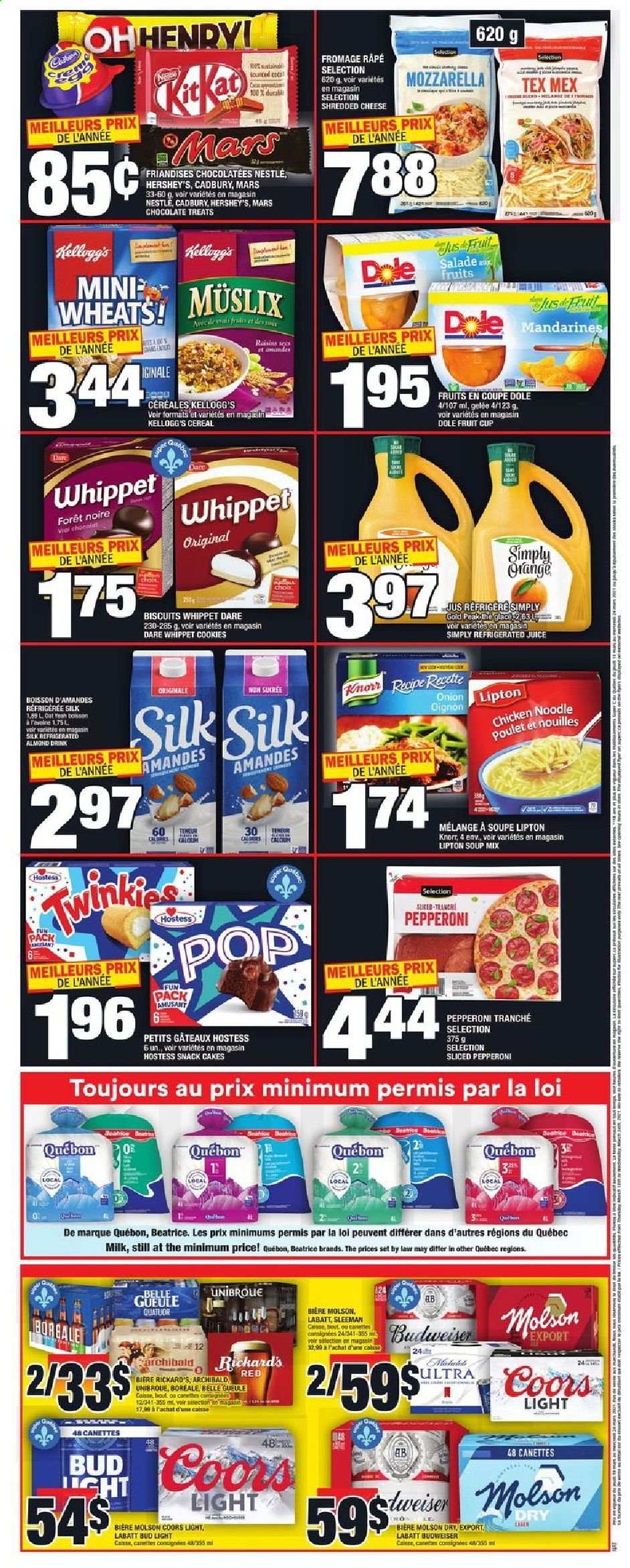 thumbnail - Super C Flyer - March 18, 2021 - March 24, 2021 - Sales products - cake, Dole, mandarines, soup mix, soup, noodles, pepperoni, shredded cheese, milk, Silk, Hershey's, cookies, chocolate, snack, Mars, Kellogg's, biscuit, Cadbury, oats, cereals, dried fruit, juice, beer, Budweiser, Coors, Bud Light, Knorr, Nestlé, mozzarella, raisins. Page 2.