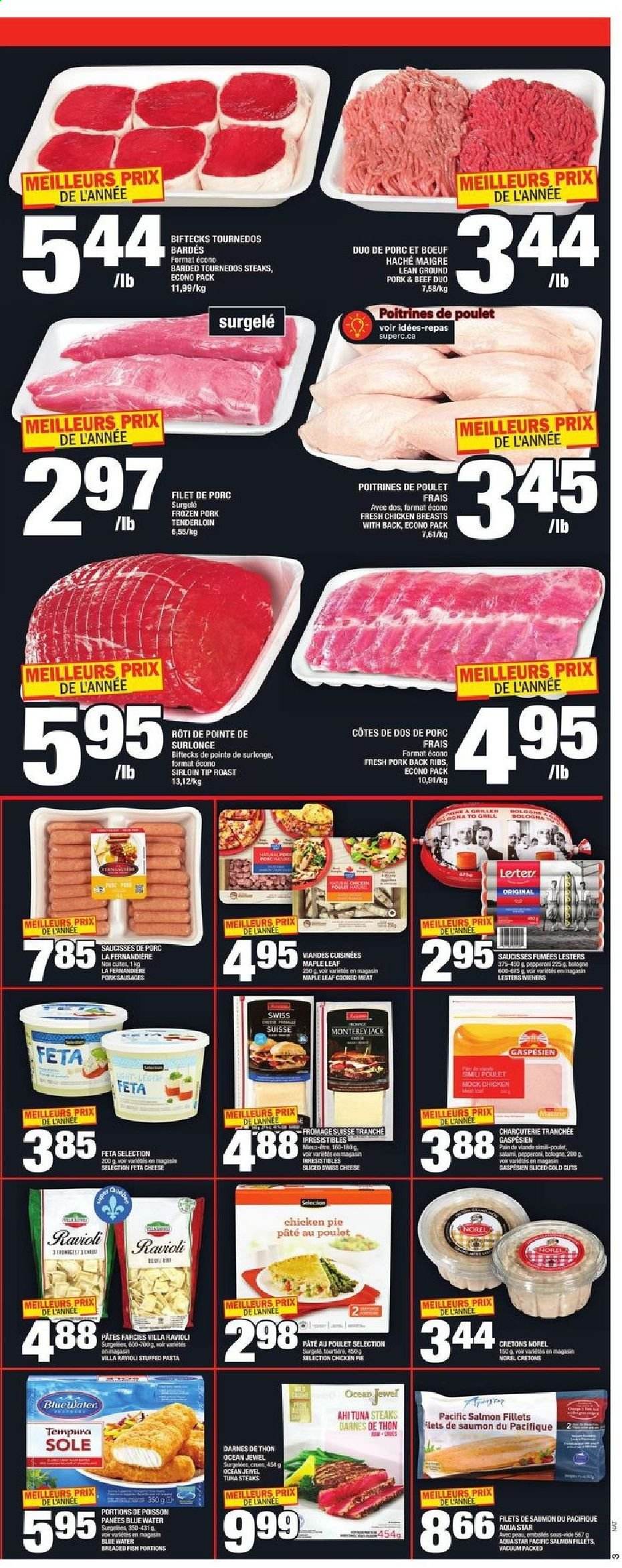 thumbnail - Super C Flyer - March 18, 2021 - March 24, 2021 - Sales products - pie, salmon, salmon fillet, tuna, ravioli, pasta, sausage, swiss cheese, cheese, feta, chicken breasts, ground pork, pork meat, pork ribs, pork back ribs, steak. Page 4.