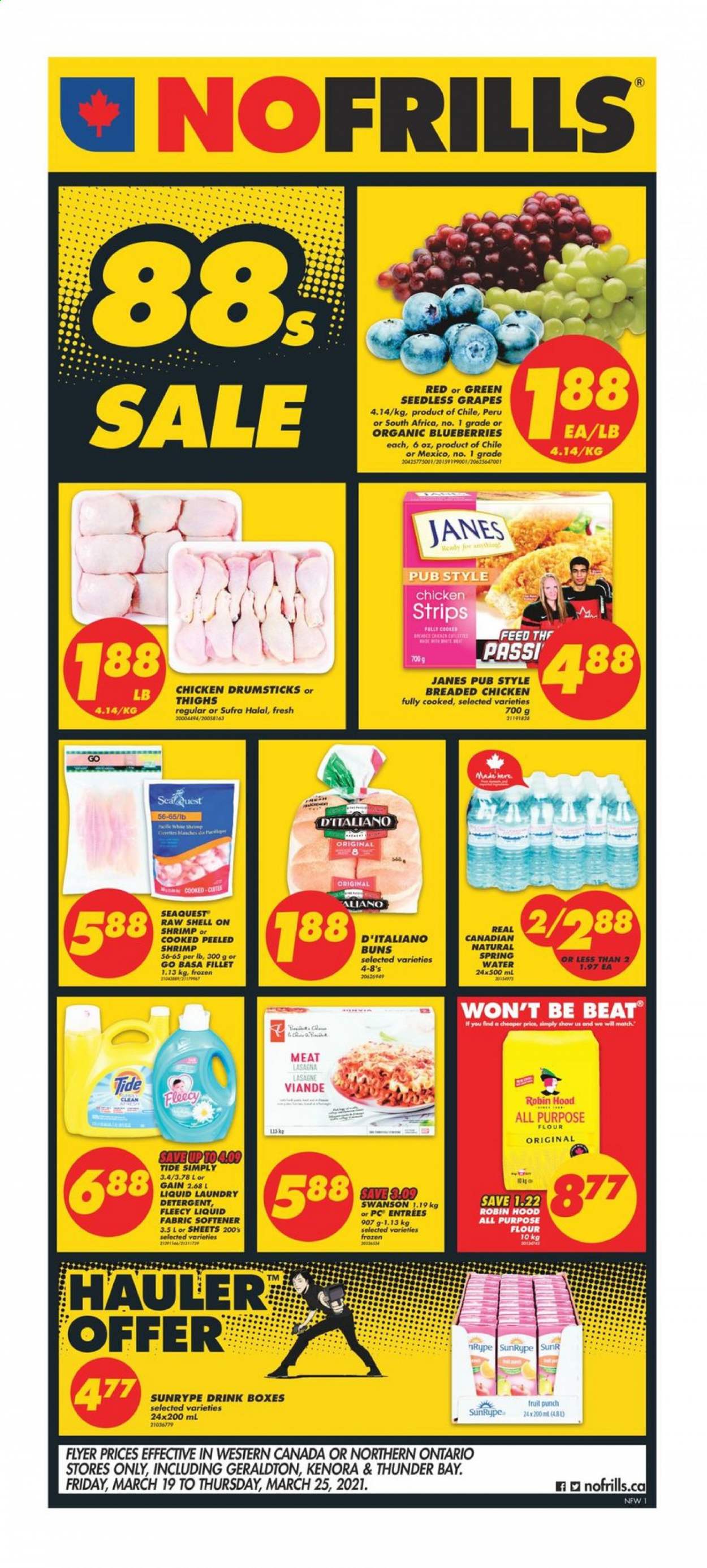 thumbnail - No Frills Flyer - March 19, 2021 - March 25, 2021 - Sales products - buns, blueberries, grapes, seedless grapes, fried chicken, strips, chicken strips, all purpose flour, flour, fruit punch, spring water, chicken drumsticks, chicken, Gain, Tide, fabric softener, laundry detergent, WD. Page 1.