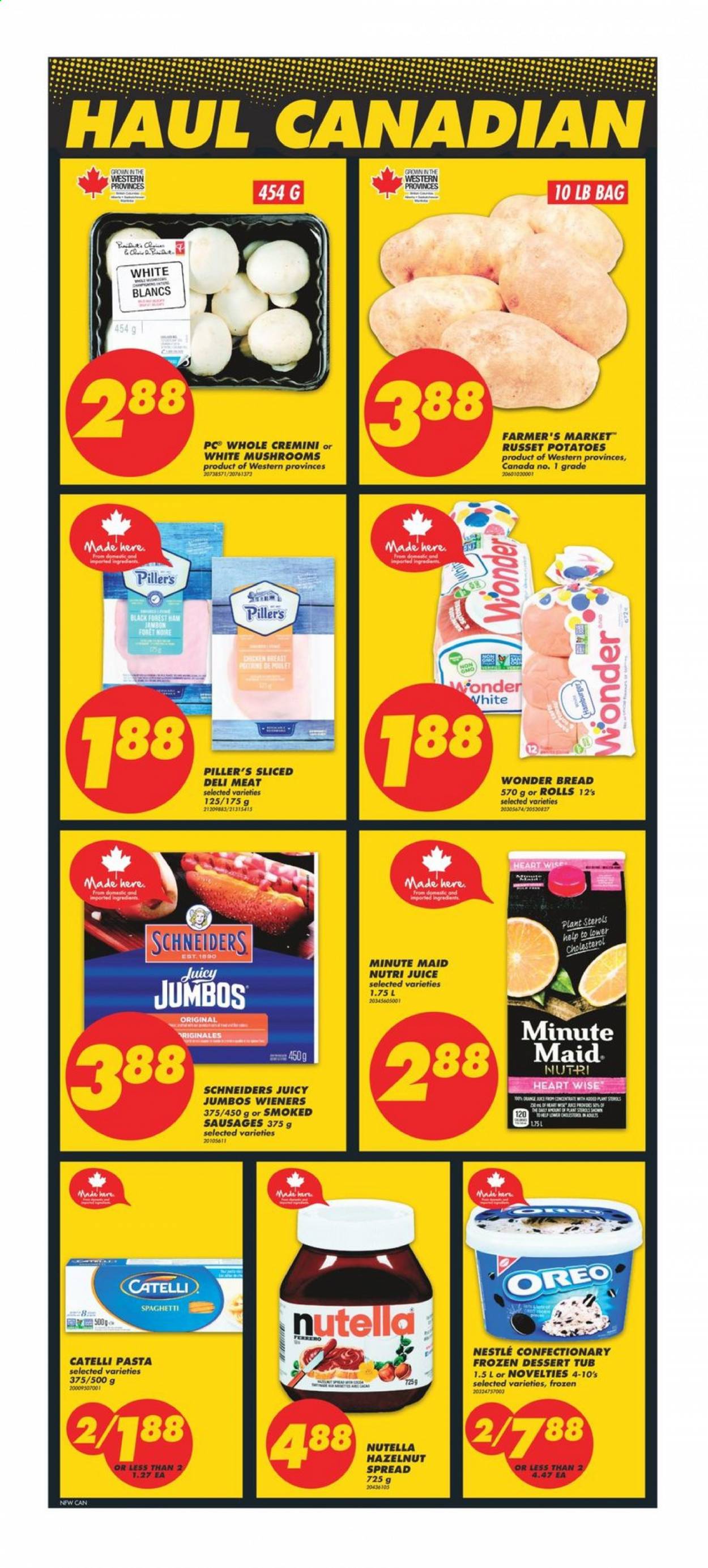 thumbnail - No Frills Flyer - March 19, 2021 - March 25, 2021 - Sales products - mushrooms, bread, russet potatoes, potatoes, spaghetti, pasta, ham, sausage, hazelnut spread, juice, fruit punch, Omo, Oreo, Nestlé, Nutella. Page 2.