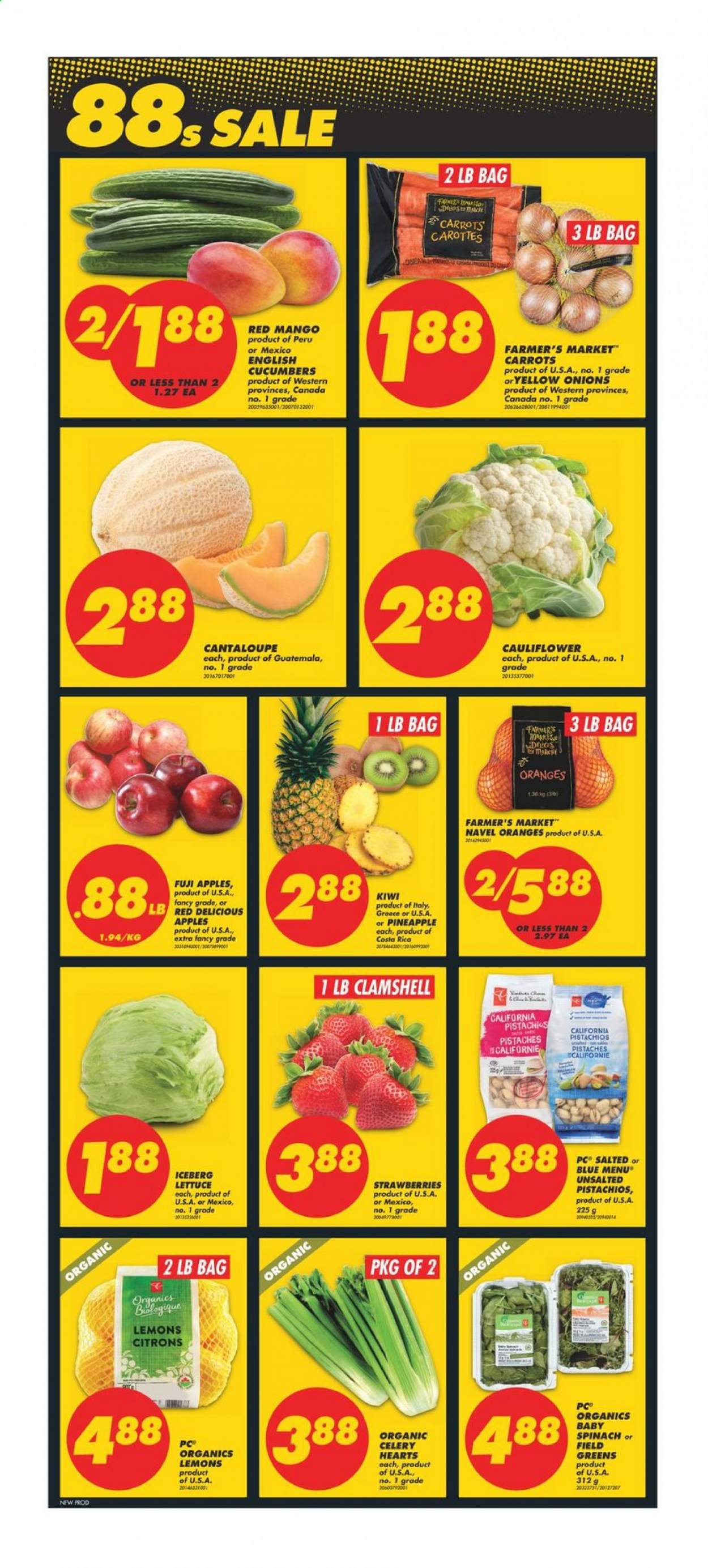 thumbnail - No Frills Flyer - March 19, 2021 - March 25, 2021 - Sales products - cantaloupe, carrots, cauliflower, celery, cucumber, onion, lettuce, sleeved celery, apples, Red Delicious apples, strawberries, Fuji apple, lemons, navel oranges, pistachios, kiwi. Page 3.