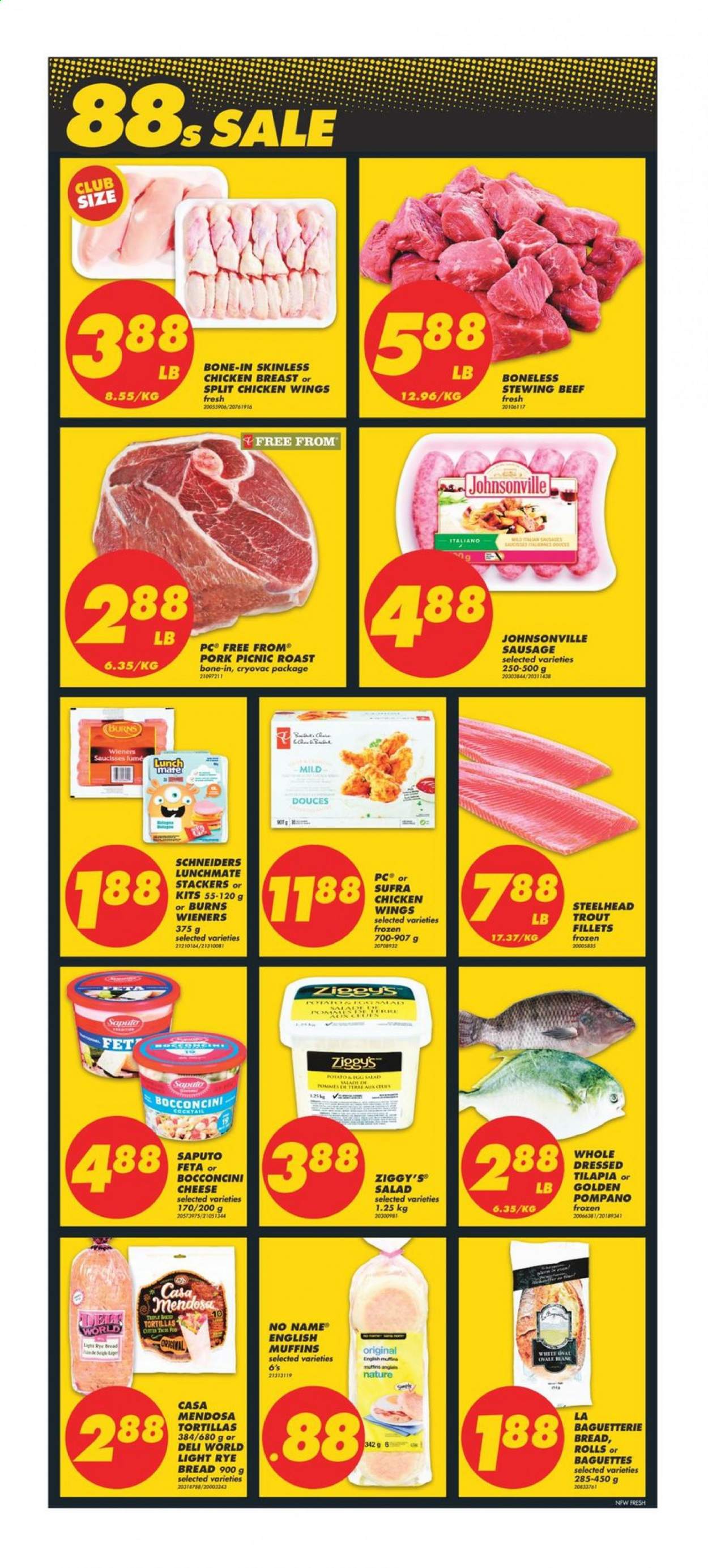 thumbnail - No Frills Flyer - March 19, 2021 - March 25, 2021 - Sales products - english muffins, tortillas, salad, tilapia, trout, pompano, No Name, Johnsonville, sausage, bocconcini, cheese, feta, chicken wings, chicken breasts, chicken, beef meat, stewing beef. Page 4.
