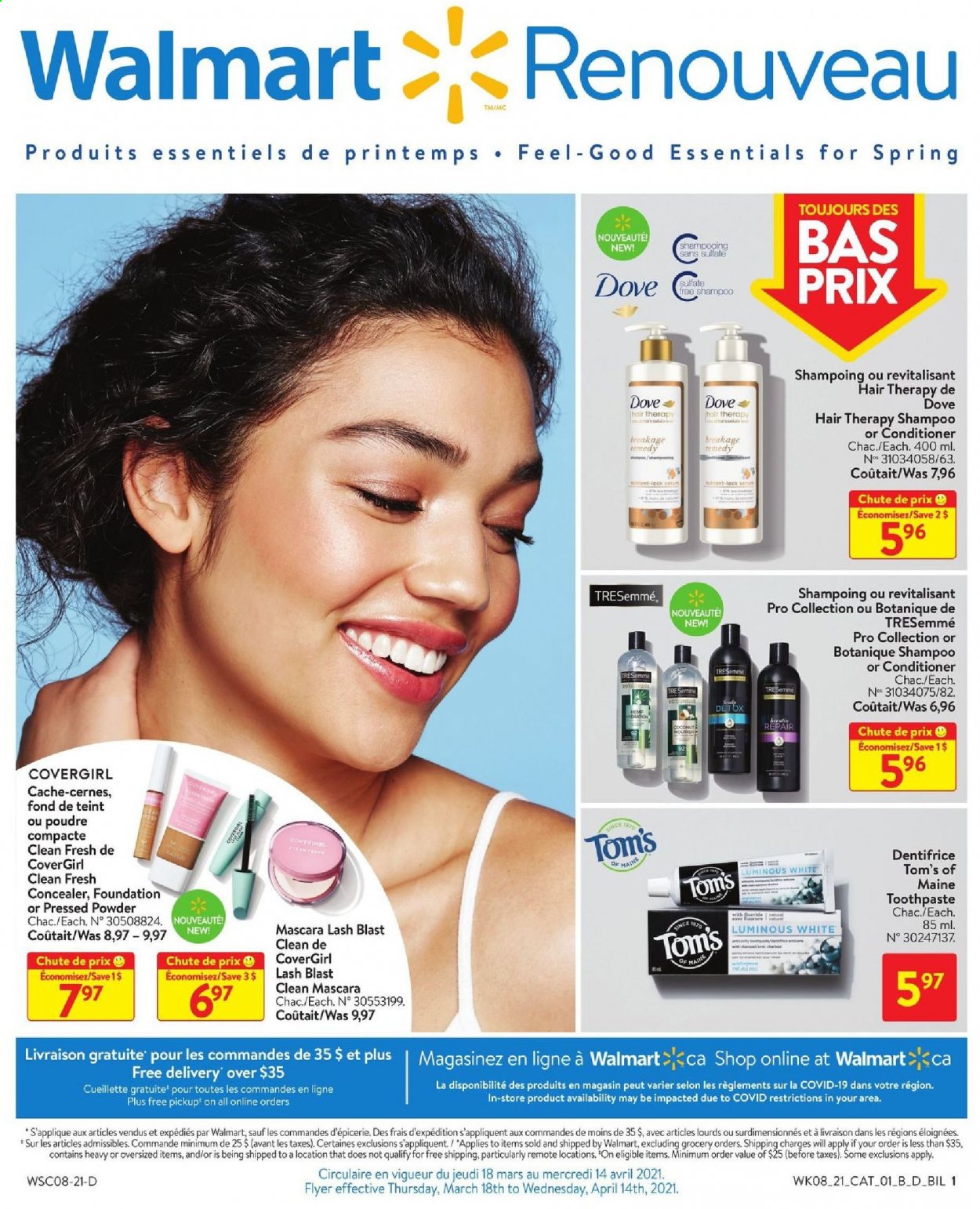thumbnail - Walmart Flyer - March 18, 2021 - April 14, 2021 - Sales products - Mars, toothpaste, conditioner, TRESemmé, corrector, face powder, mascara, shampoo. Page 1.