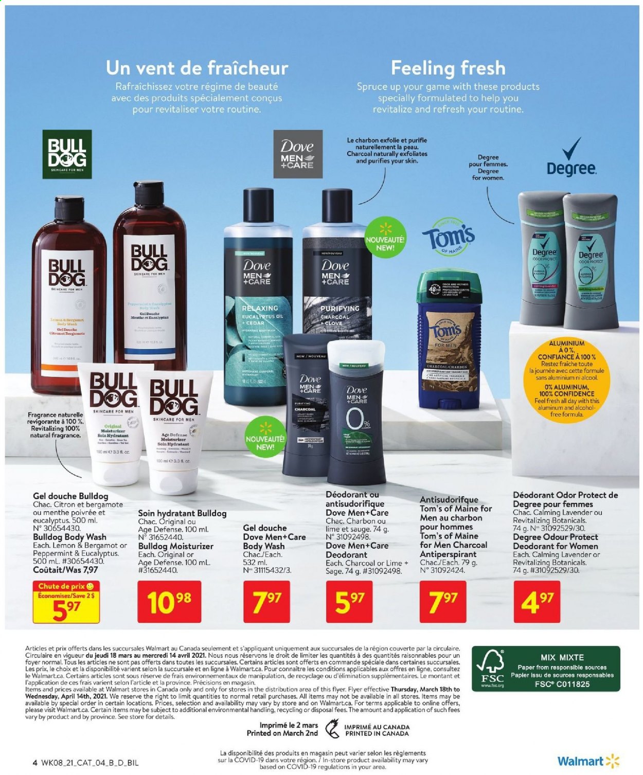 thumbnail - Walmart Flyer - March 18, 2021 - April 14, 2021 - Sales products - Mars, oil, alcohol, body wash, moisturizer, anti-perspirant, fragrance, charcoal, deodorant. Page 4.