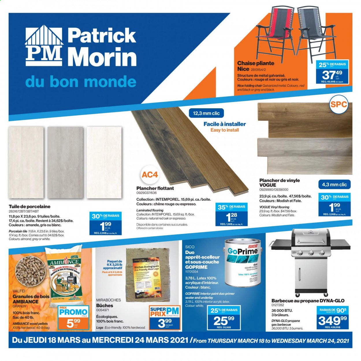 thumbnail - Patrick Morin Flyer - March 18, 2021 - March 24, 2021 - Sales products - chair, folding chair, paint, flooring, vinyl, porcelain tile. Page 1.