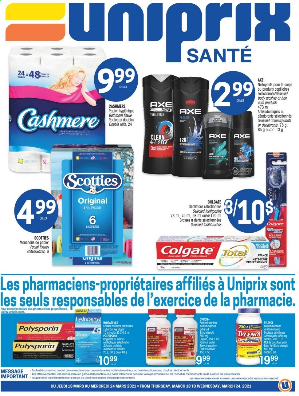 thumbnail - Uniprix Santé Flyer - March 18, 2021 - March 24, 2021 - Sales products - Mars, bath tissue, facial tissues, lubricant, Tylenol, eye drops, deodorant. Page 1.