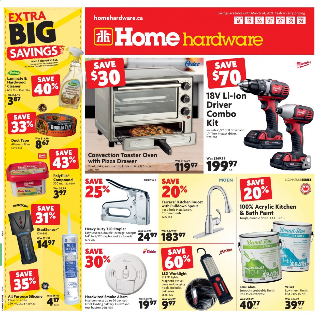 thumbnail - Home Hardware Flyer - March 18, 2021 - March 24, 2021 - Sales products - faucet, paint, LED light, Milwaukee, drill, impact driver, combo kit, cleaner. Page 1.
