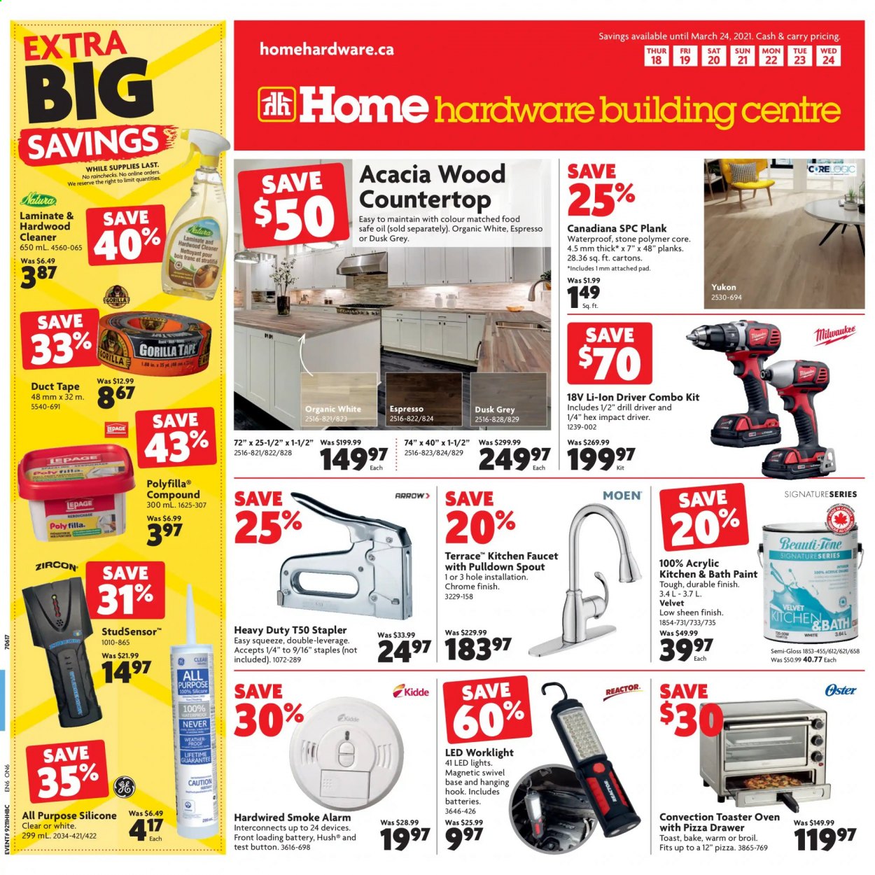 thumbnail - Home Hardware Building Centre Flyer - March 18, 2021 - March 24, 2021 - Sales products - cleaner, faucet, paint, LED light, Milwaukee, drill, impact driver, combo kit. Page 1.