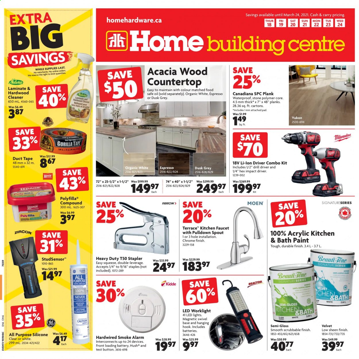 thumbnail - Home Building Centre Flyer - March 18, 2021 - March 24, 2021 - Sales products - faucet, paint, LED light, Milwaukee, drill, impact driver, combo kit, cleaner. Page 1.