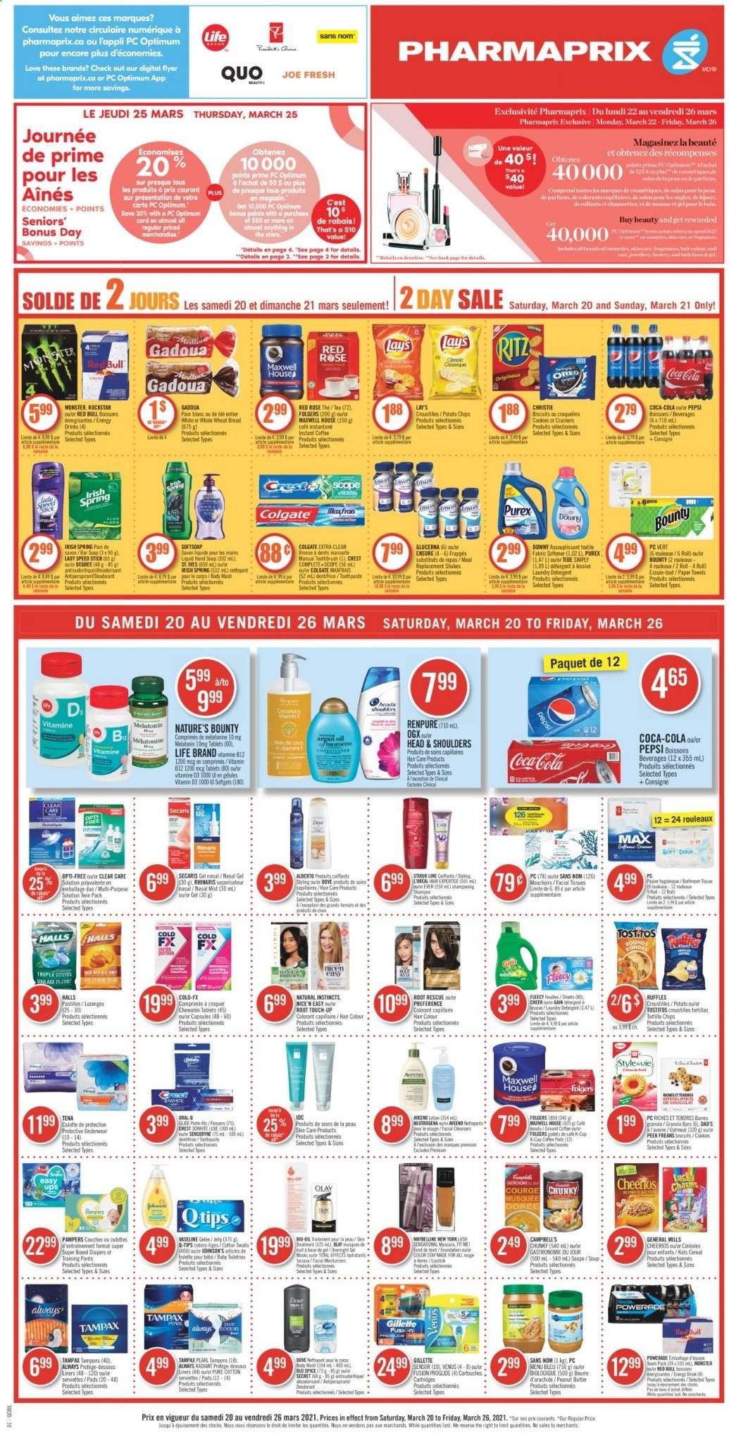 thumbnail - Pharmaprix Flyer - March 20, 2021 - March 26, 2021 - Sales products - wheat bread, Campbell's, soup, shake, cookies, Halls, Mars, crackers, pastilles, RITZ, tortilla chips, potato chips, Lay’s, Ruffles, Tostitos, oatmeal, cereals, Cheerios, granola bar, oil, peanut butter, Coca-Cola, Powerade, Pepsi, energy drink, Monster, Red Bull, Rockstar, Maxwell House, instant coffee, Folgers, rosé wine, pants, nappies, Johnson's, baby pants, Aveeno, tissues, Gain, Tide, laundry detergent, Purex, body wash, Softsoap, hand soap, soap bar, soap, toothpaste, Crest, tampons, facial tissues, L’Oréal, Olay, OGX, Root Touch-Up, hair color, body lotion, Speed Stick, Venus, cup, paper, rose, Clear Care, Melatonin, Nature's Bounty, Glucerna, vitamin B12, vitamin D3, Oreo, Gillette, Maybelline, Neutrogena, Tampax, Head & Shoulders, Pampers, chips. Page 1.