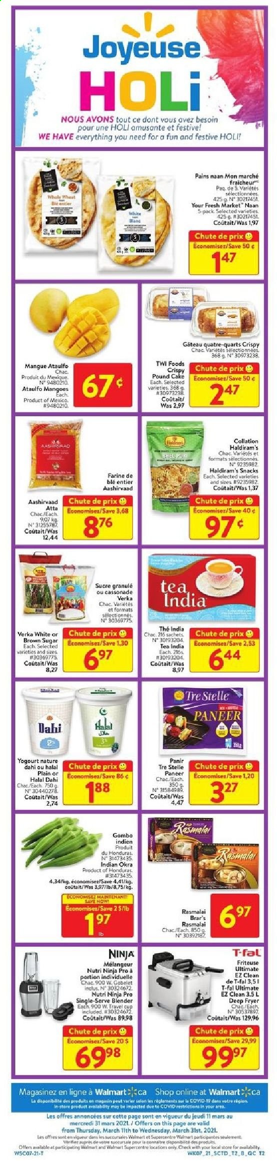 thumbnail - Walmart Flyer - March 11, 2021 - March 31, 2021 - Sales products - cake, pound cake, okra, paneer, snack, Mars, flour, Aashirvaad, tea, cup, deep fryer. Page 2.