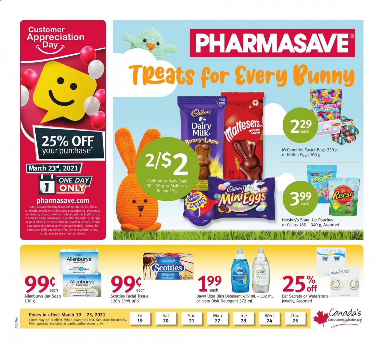 thumbnail - Pharmasave Flyer - March 19, 2021 - March 25, 2021 - Sales products - eggs, Hershey's, chocolate, Mars, Maltesers, Cadbury, Dairy Milk, oatmeal, oil, Starbucks, liquor, tissues, soap bar, soap, jewelry. Page 1.
