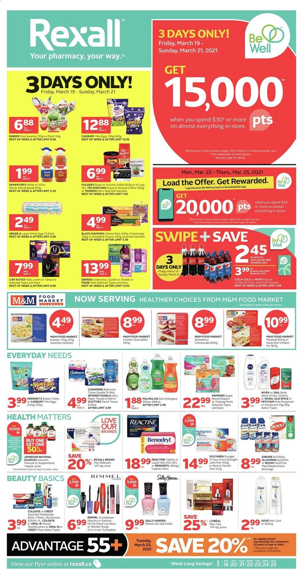 thumbnail - Rexall Flyer - March 19, 2021 - March 25, 2021 - Sales products - Hershey's, Cadbury, spice, Coca-Cola, Pepsi, Boost, coffee, Folgers, ground coffee, coffee capsules, K-Cups, pants, nappies, baby pants, bath tissue, kitchen towels, paper towels, body wash, Palmolive, Dial, toothpaste, mouthwash, Crest, Kotex, Kotex pads, tampons, L’Oréal, anti-perspirant, polish, lip gloss, Rimmel, eyeliner, sponge, Glucerna, mascara, Sally Hansen, Pampers, Nivea, Old Spice, Oral-B, M&M's, deodorant. Page 1.