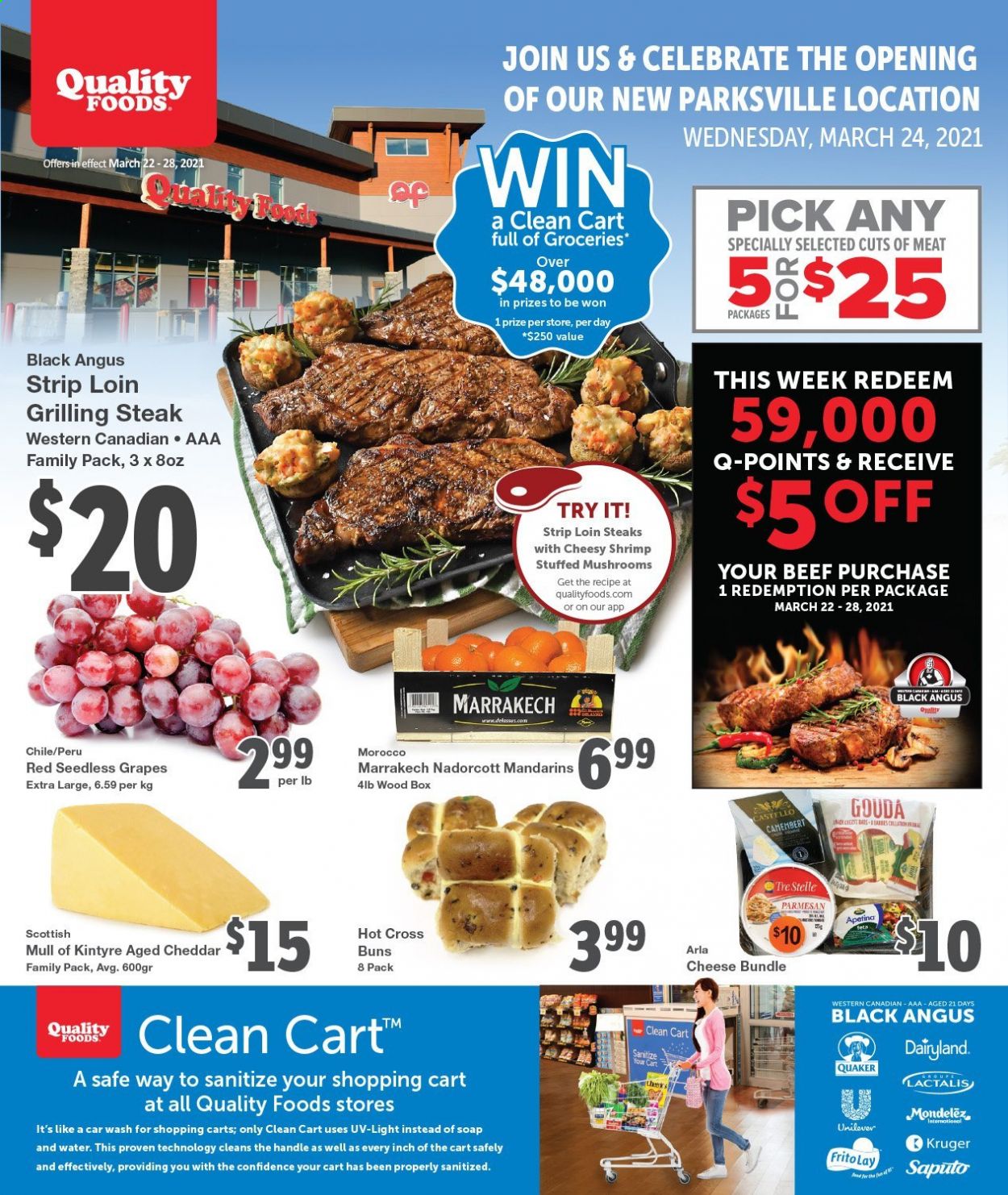 thumbnail - Quality Foods Flyer - March 22, 2021 - March 28, 2021 - Sales products - buns, grapes, mandarines, seedless grapes, shrimps, Quaker, gouda, cheddar, parmesan, cheese, Arla, soap, steak. Page 1.