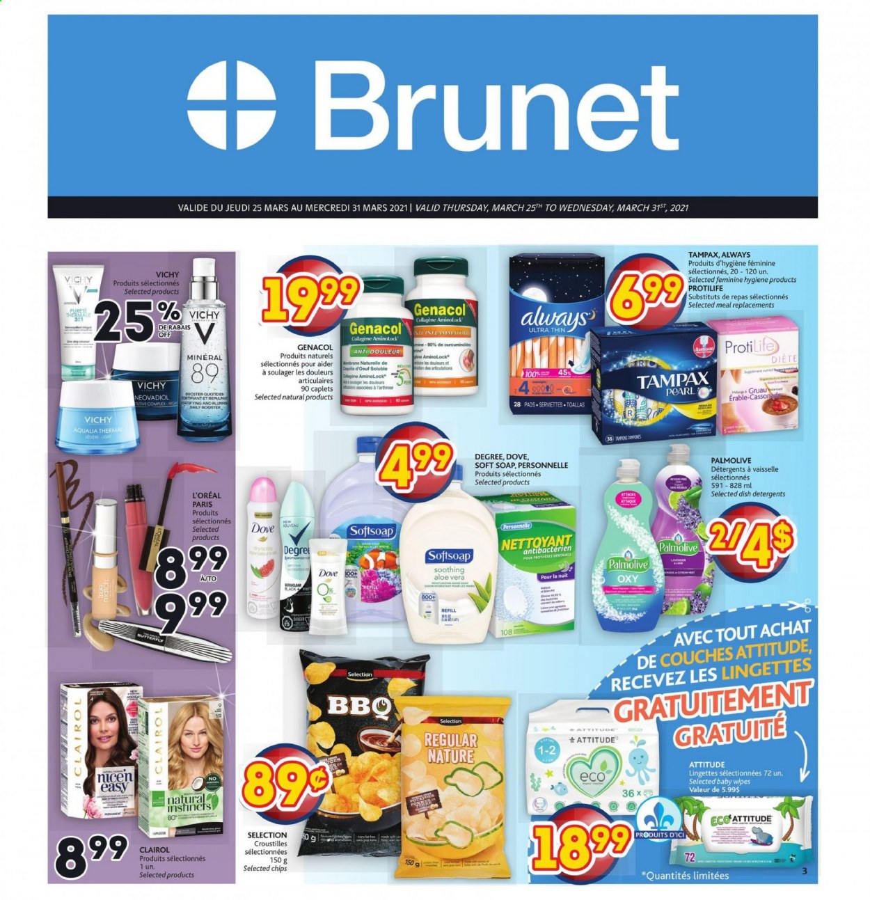 thumbnail - Brunet Flyer - March 25, 2021 - March 31, 2021 - Sales products - wipes, baby wipes, Softsoap, Vichy, Avon, Palmolive, soap, tampons, L’Oréal, Clairol, Tampax. Page 1.