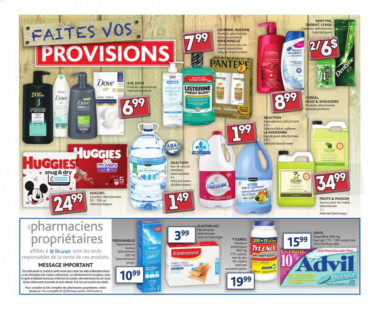 thumbnail - Brunet Flyer - March 25, 2021 - March 31, 2021 - Sales products - nappies, bleach, fabric softener, L’Oréal, hand sanitizer, Tylenol, Ibuprofen, Advil Rapid, Listerine, Head & Shoulders, Huggies, Pantene. Page 3.