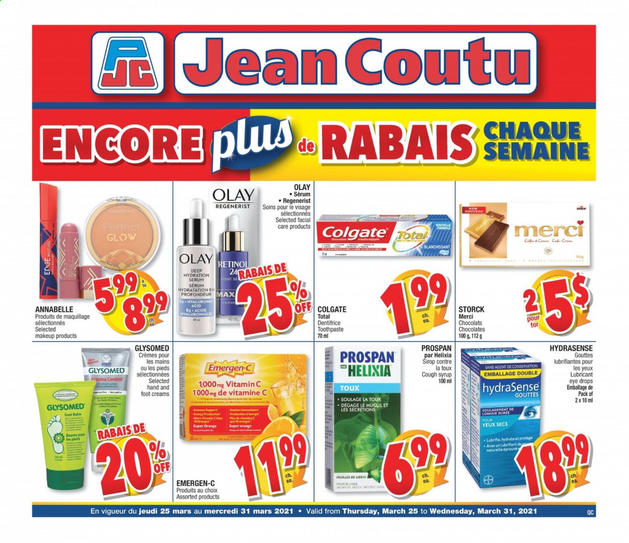 thumbnail - Jean Coutu Flyer - March 25, 2021 - March 31, 2021 - Sales products - chocolate, Mars, Merci, syrup, toothpaste, serum, Olay, lubricant, makeup, vitamin c, eye drops, Emergen-C. Page 1.