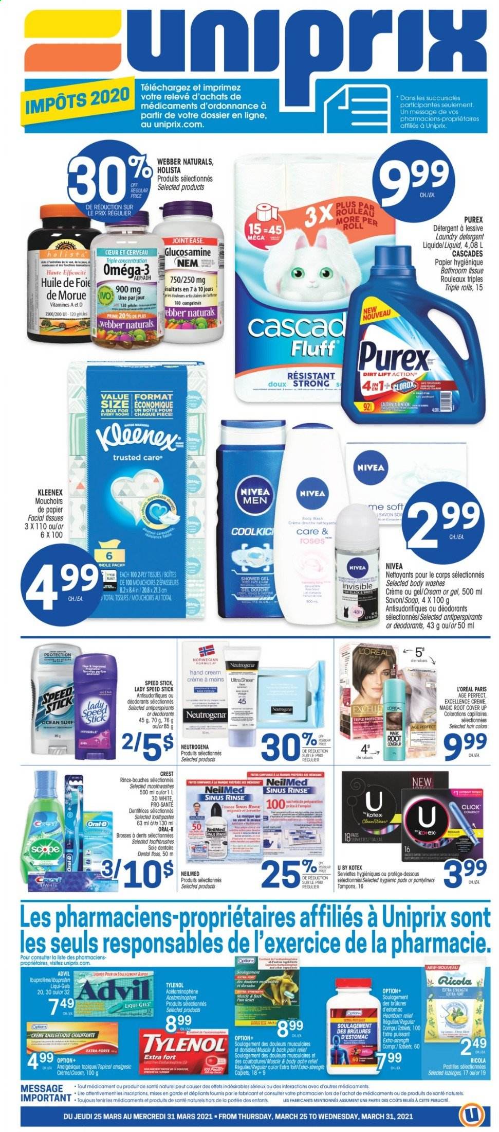 thumbnail - Uniprix Flyer - March 25, 2021 - March 31, 2021 - Sales products - Ricola, Mars, pastilles, Parle, bath tissue, Kleenex, laundry detergent, Purex, body wash, shower gel, soap, Crest, Kotex, pantyliners, tampons, facial tissues, L’Oréal, hand cream, Speed Stick, pain relief, glucosamine, Tylenol, Omega-3, Advil Rapid, Neutrogena, Nivea, Oral-B, deodorant. Page 1.