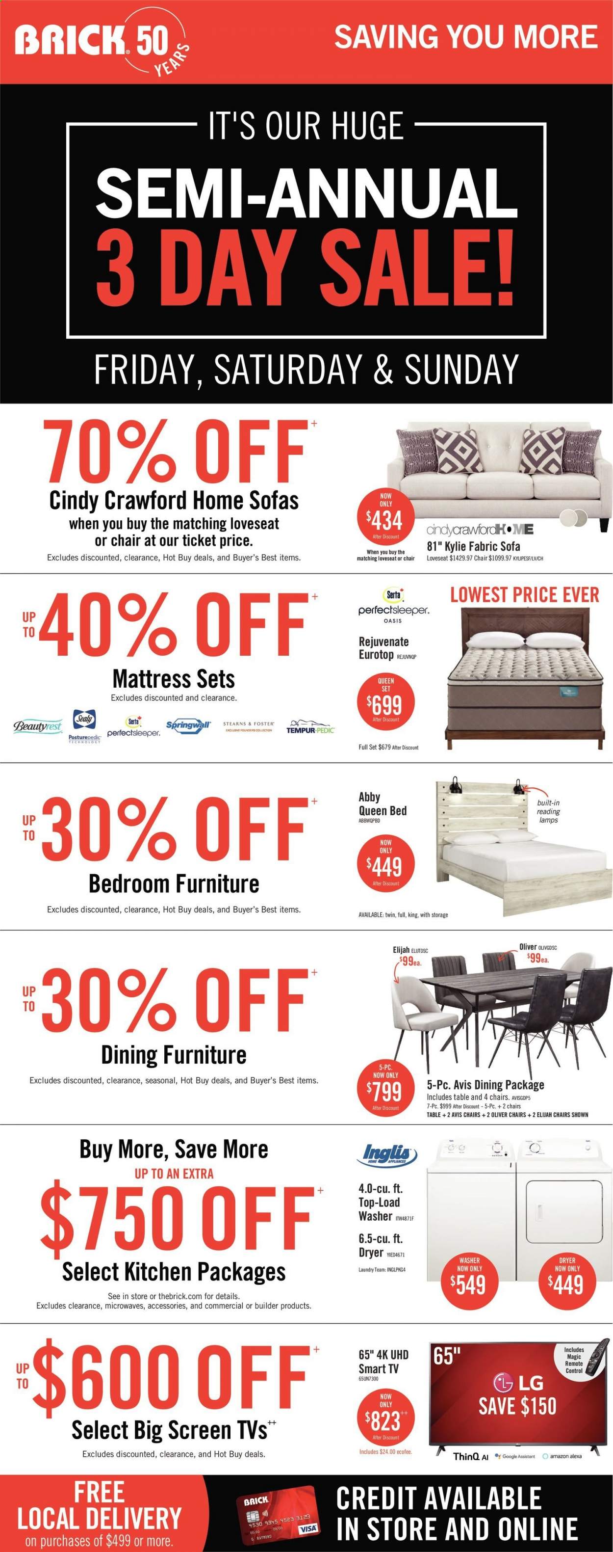 thumbnail - The Brick Flyer - March 25, 2021 - March 29, 2021 - Sales products - washer & dryer, washing machine, chair, loveseat, sofa, bed, queen bed, mattress, LG. Page 1.