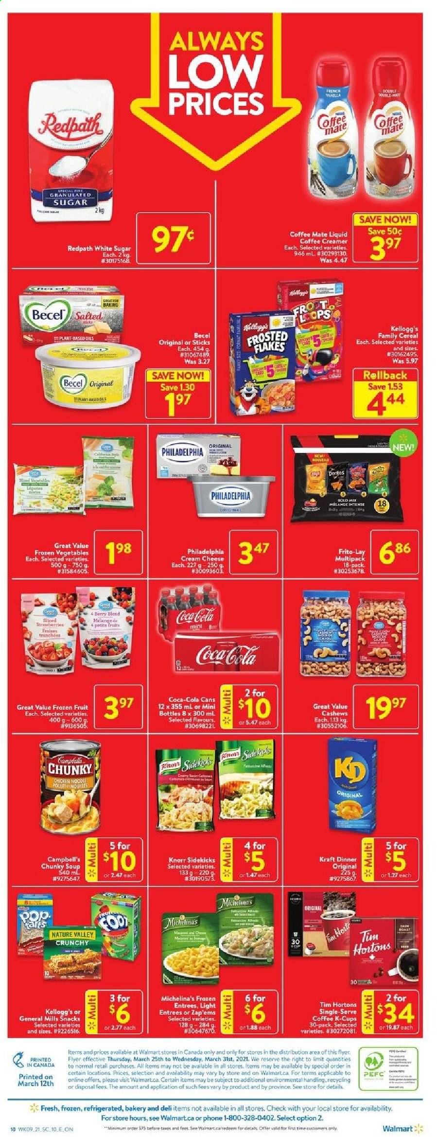 thumbnail - Walmart Flyer - March 25, 2021 - March 31, 2021 - Sales products - Campbell's, soup, Kraft®, cream cheese, cheese, Coffee-Mate, creamer, frozen vegetables, snack, Kellogg's, Frito-Lay, granulated sugar, sugar, cereals, Frosted Flakes, Nature Valley, cashews, Coca-Cola, coffee capsules, K-Cups, Knorr. Page 4.
