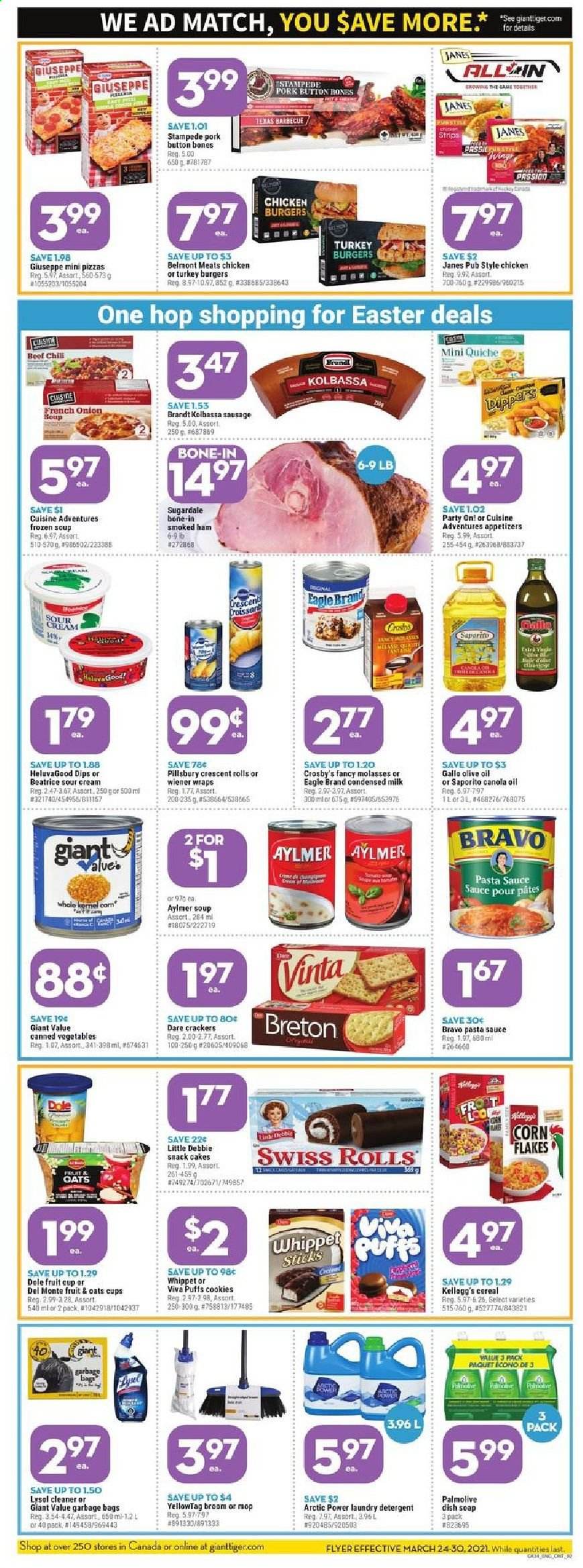 thumbnail - Giant Tiger Flyer - March 24, 2021 - March 30, 2021 - Sales products - cake, wraps, crescent rolls, puffs, corn, Dole, pizza, pasta sauce, onion soup, soup, hamburger, sauce, Pillsbury, Sugardale, ham, smoked ham, sausage, milk, condensed milk, sour cream, strips, quiche, snack, crackers, canned vegetables, cereals, canola oil, olive oil, molasses, turkey burger, cleaner, Lysol, laundry detergent, Palmolive, soap, mop, broom. Page 2.