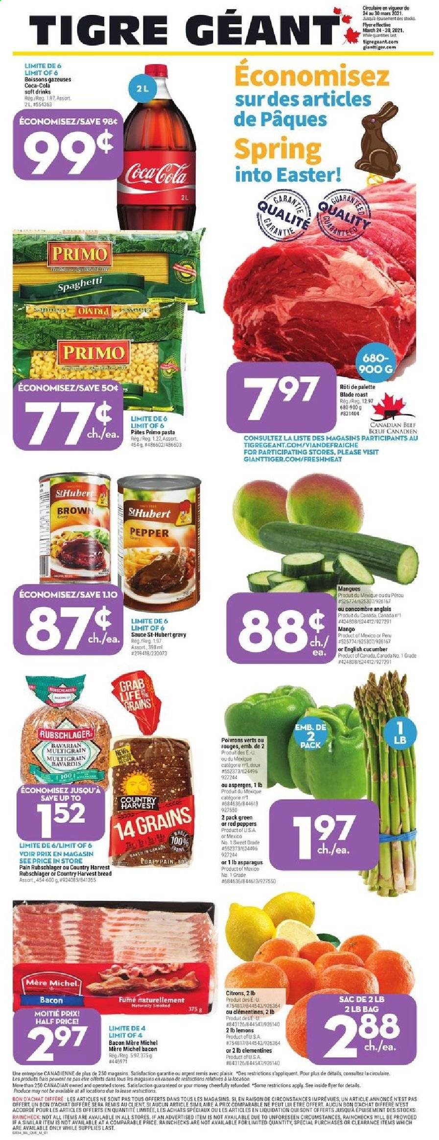 thumbnail - Giant Tiger Flyer - March 24, 2021 - March 30, 2021 - Sales products - bread, asparagus, peppers, red peppers, clementines, mango, spaghetti, pasta, sauce, bacon, Country Harvest, Mars, Coca-Cola, soft drink, bag, Palette. Page 1.