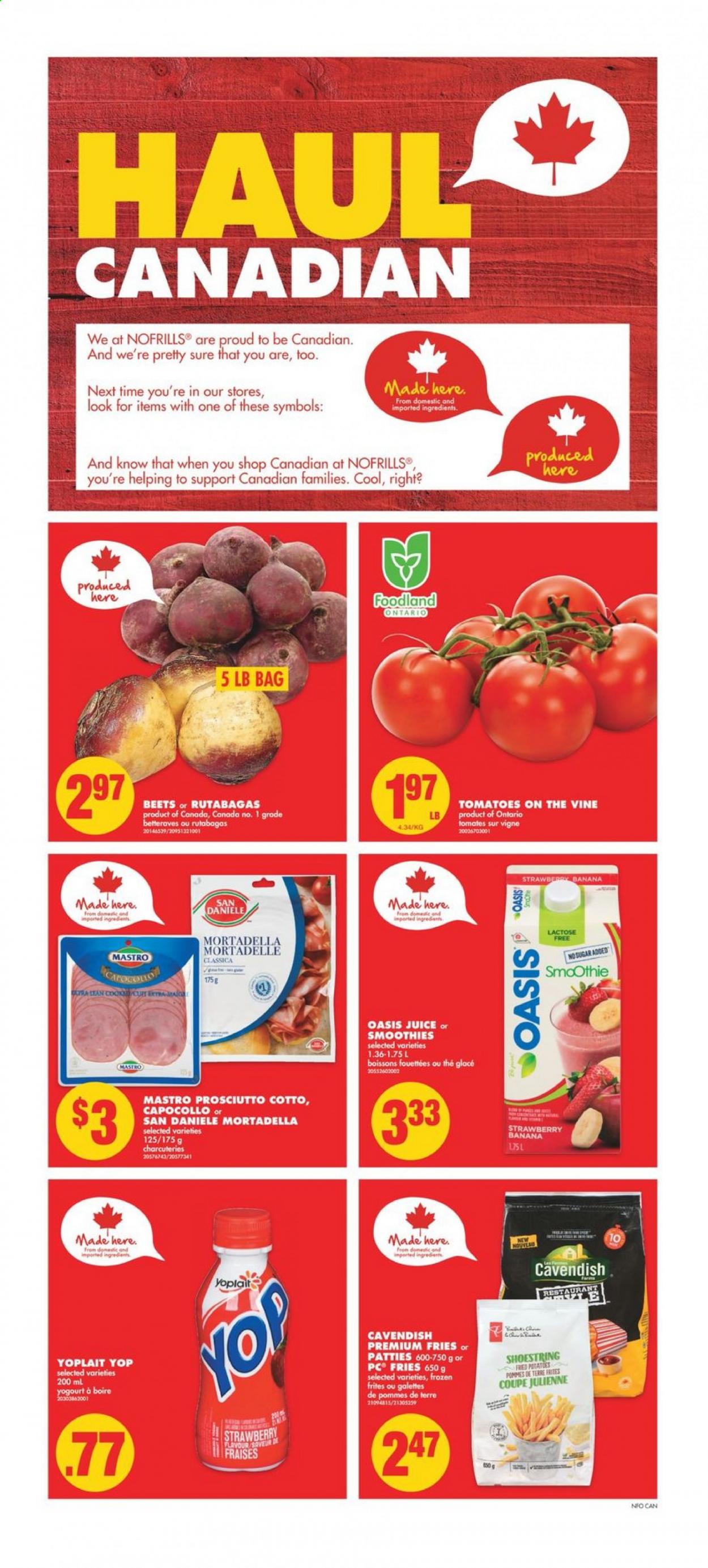 thumbnail - No Frills Flyer - March 25, 2021 - March 31, 2021 - Sales products - tomatoes, potatoes, mortadella, prosciutto, Yoplait, potato fries, juice, Sure. Page 2.