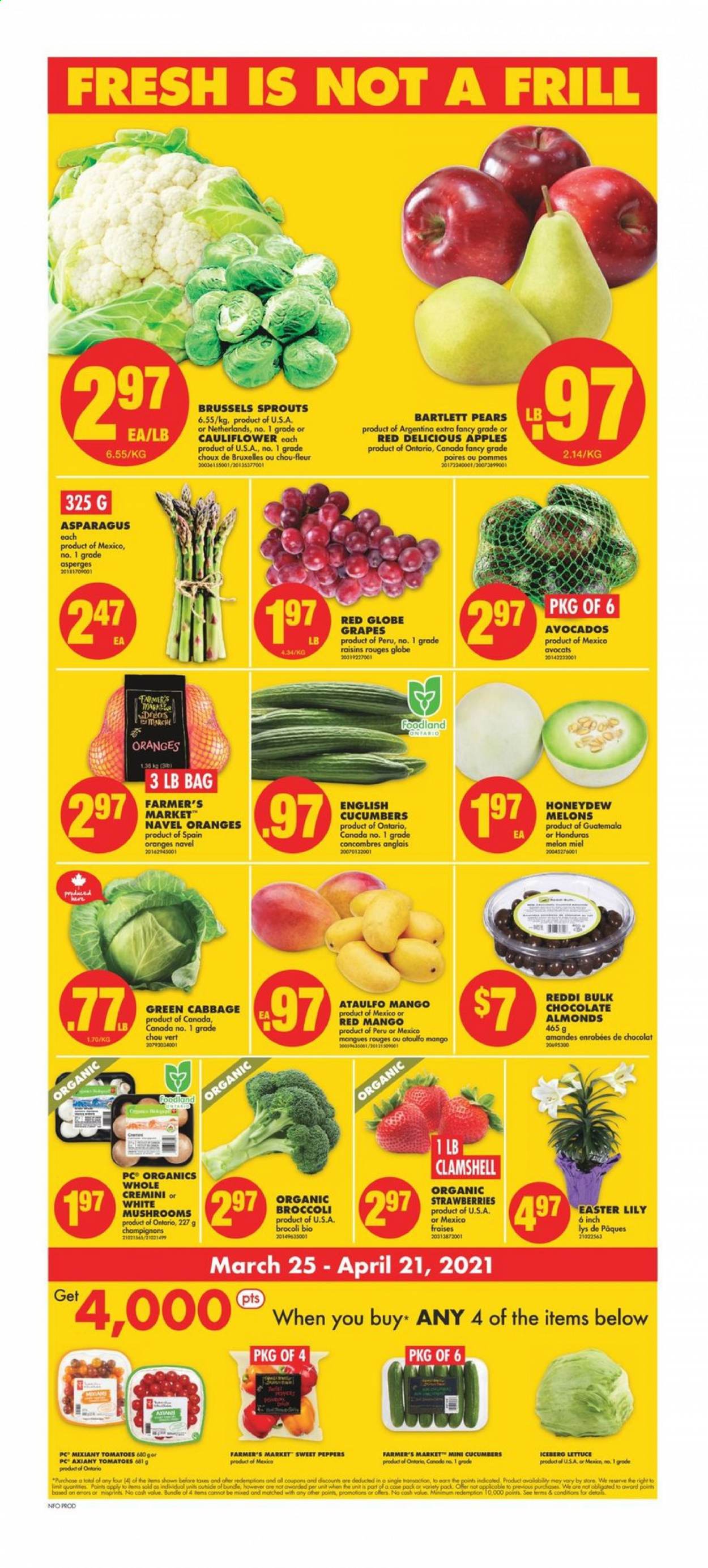thumbnail - No Frills Flyer - March 25, 2021 - March 31, 2021 - Sales products - mushrooms, asparagus, broccoli, cabbage, cauliflower, cucumber, sweet peppers, tomatoes, lettuce, peppers, brussel sprouts, apples, avocado, Bartlett pears, grapes, Red Delicious apples, Red Globe, strawberries, honeydew, pears, melons, navel oranges, chocolate, dried fruit, raisins. Page 3.