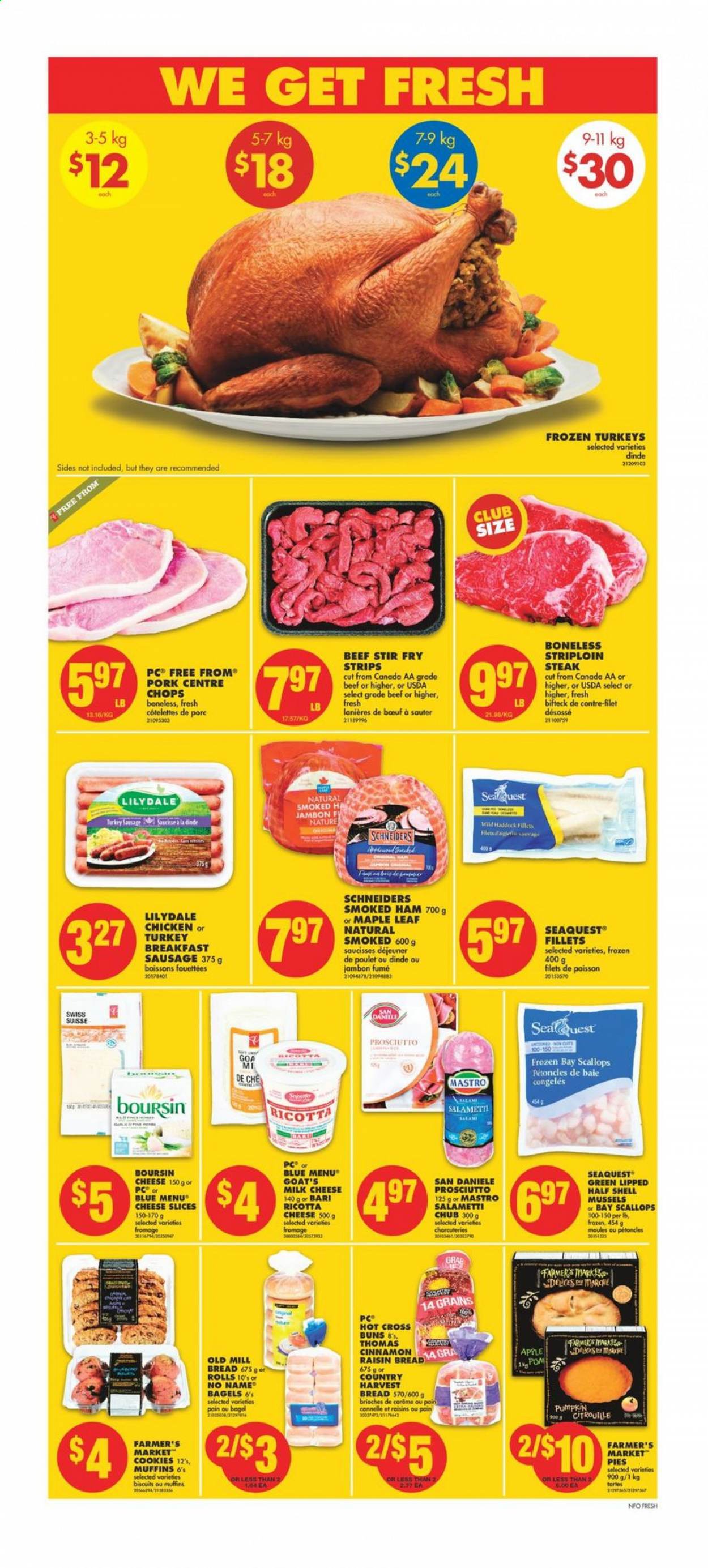 thumbnail - No Frills Flyer - March 25, 2021 - March 31, 2021 - Sales products - bagels, bread, buns, muffin, mussels, scallops, haddock, No Name, ham, prosciutto, smoked ham, sausage, sliced cheese, cheese, milk, Country Harvest, strips, cookies, biscuit, stir fry strips, beef meat, striploin steak, Shell, ricotta, steak. Page 4.