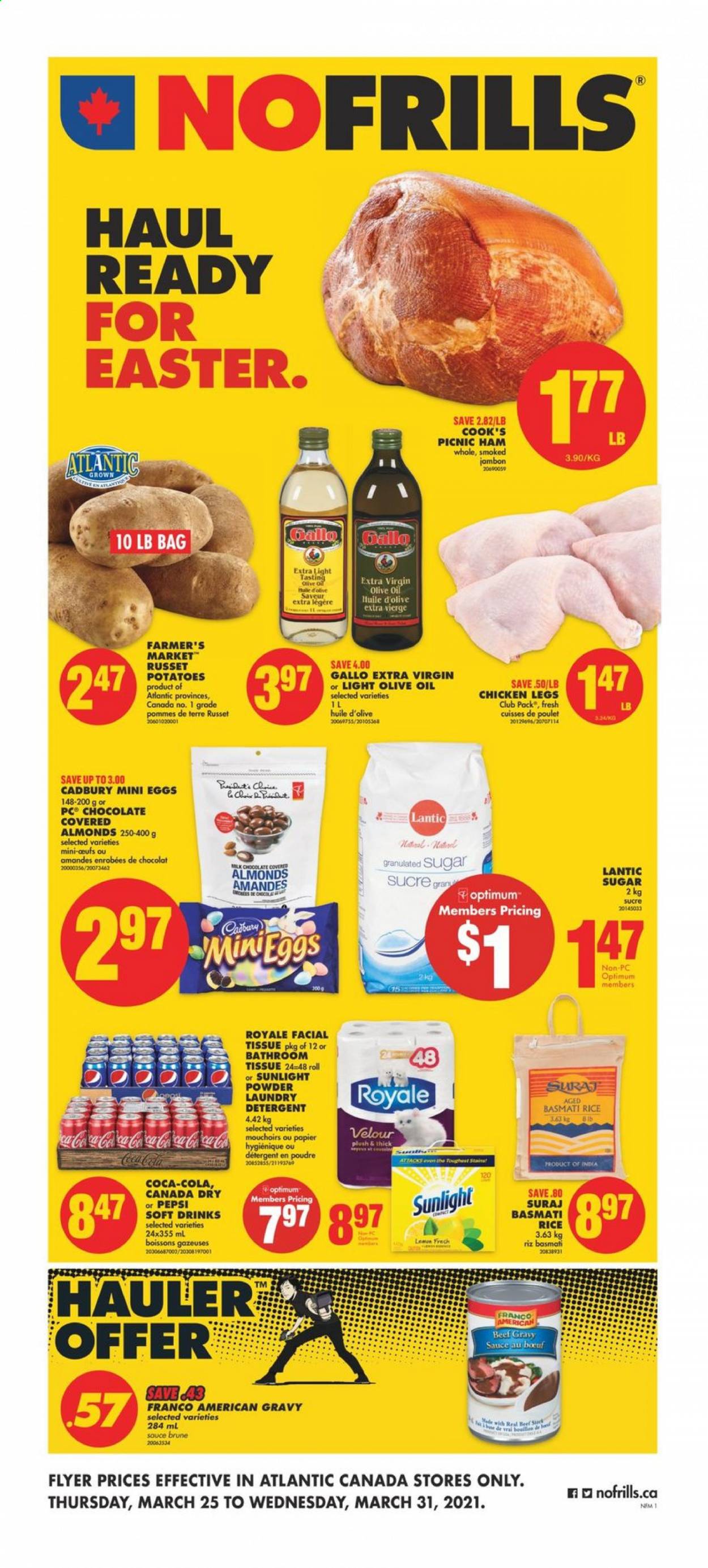 thumbnail - No Frills Flyer - March 25, 2021 - March 31, 2021 - Sales products - russet potatoes, potatoes, beef gravy, sauce, ham, Cook's, Cadbury, granulated sugar, sugar, basmati rice, rice, extra virgin olive oil, olive oil, oil, almonds, Canada Dry, Coca-Cola, Pepsi, soft drink, chicken legs, chicken, bath tissue, laundry detergent, Sunlight, Optimum, bib. Page 1.