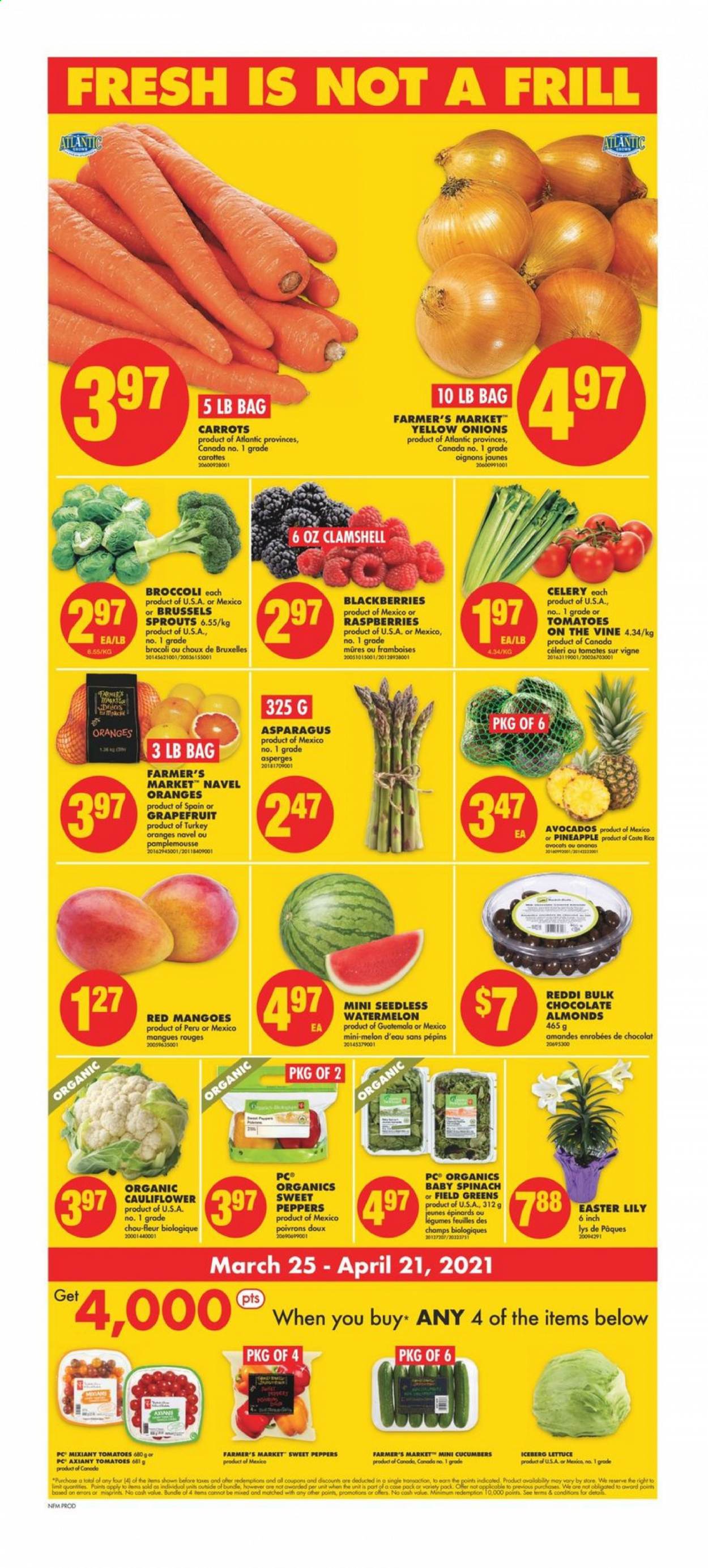 thumbnail - No Frills Flyer - March 25, 2021 - March 31, 2021 - Sales products - asparagus, broccoli, carrots, cauliflower, celery, cucumber, sweet peppers, tomatoes, onion, lettuce, peppers, brussel sprouts, avocado, blackberries, grapefruits, watermelon, melons, navel oranges, chocolate. Page 3.