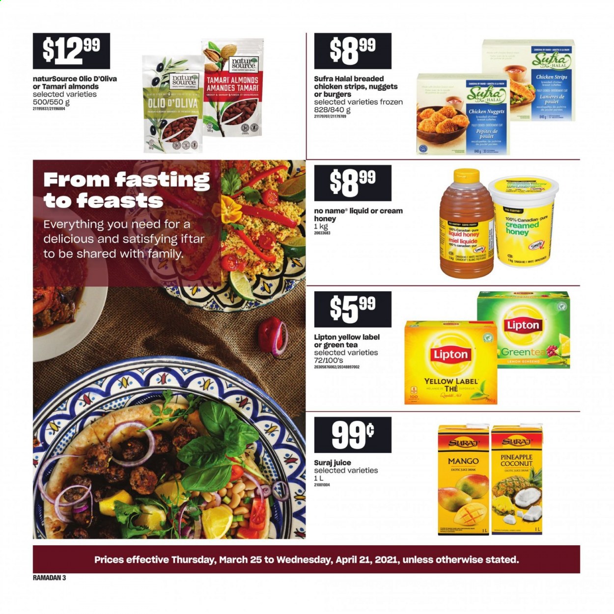 thumbnail - Atlantic Superstore Flyer - March 25, 2021 - April 21, 2021 - Sales products - mango, pineapple, coconut, No Name, nuggets, fried chicken, chicken nuggets, strips, chicken strips, honey, almonds, juice, green tea, chicken, ginseng. Page 3.