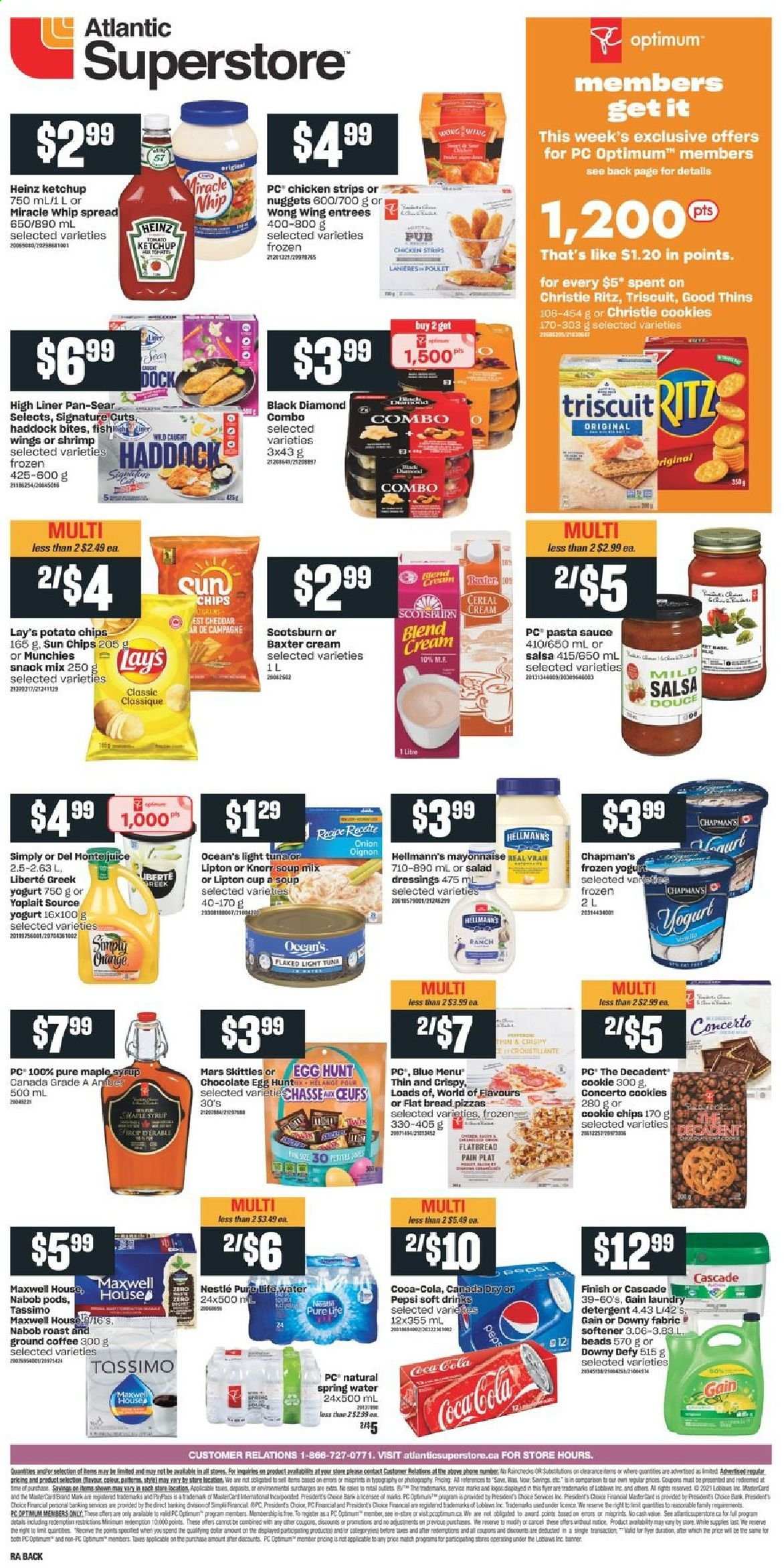 thumbnail - Atlantic Superstore Flyer - March 25, 2021 - March 31, 2021 - Sales products - bread, flatbread, tuna, haddock, shrimps, pizza, pasta sauce, soup mix, soup, nuggets, sauce, cheese, Président, yoghurt, Yoplait, eggs, mayonnaise, Miracle Whip, Hellmann’s, strips, chicken strips, cookies, chocolate, snack, Mars, Skittles, RITZ, potato chips, Lay’s, Thins, Heinz, light tuna, cereals, salsa, maple syrup, syrup, Canada Dry, Coca-Cola, Pepsi, soft drink, spring water, Pure Life Water, Maxwell House, coffee, ground coffee, L'Or, Gain, fabric softener, laundry detergent, Cascade, Downy Laundry, Optimum, Knorr, Nestlé. Page 2.