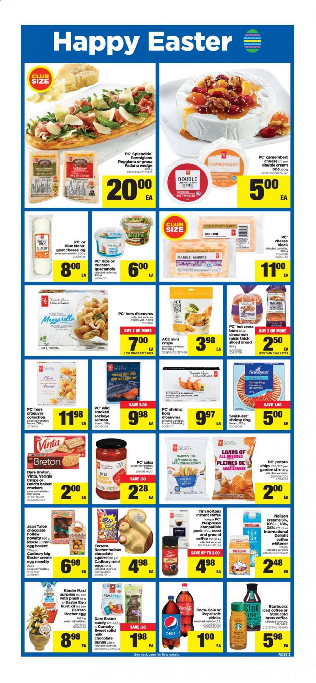 thumbnail - Real Canadian Superstore Flyer - March 25, 2021 - March 31, 2021 - Sales products - bread, buns, salmon, shrimps, guacamole, goat cheese, cheese, brie, Parmigiano Reggiano, milk chocolate, chocolate, crackers, Cadbury, chocolate bunny, potato chips, salt, salsa, Coca-Cola, Pepsi, soft drink, iced coffee, instant coffee, Nespresso, ground coffee, Starbucks, mozzarella. Page 3.
