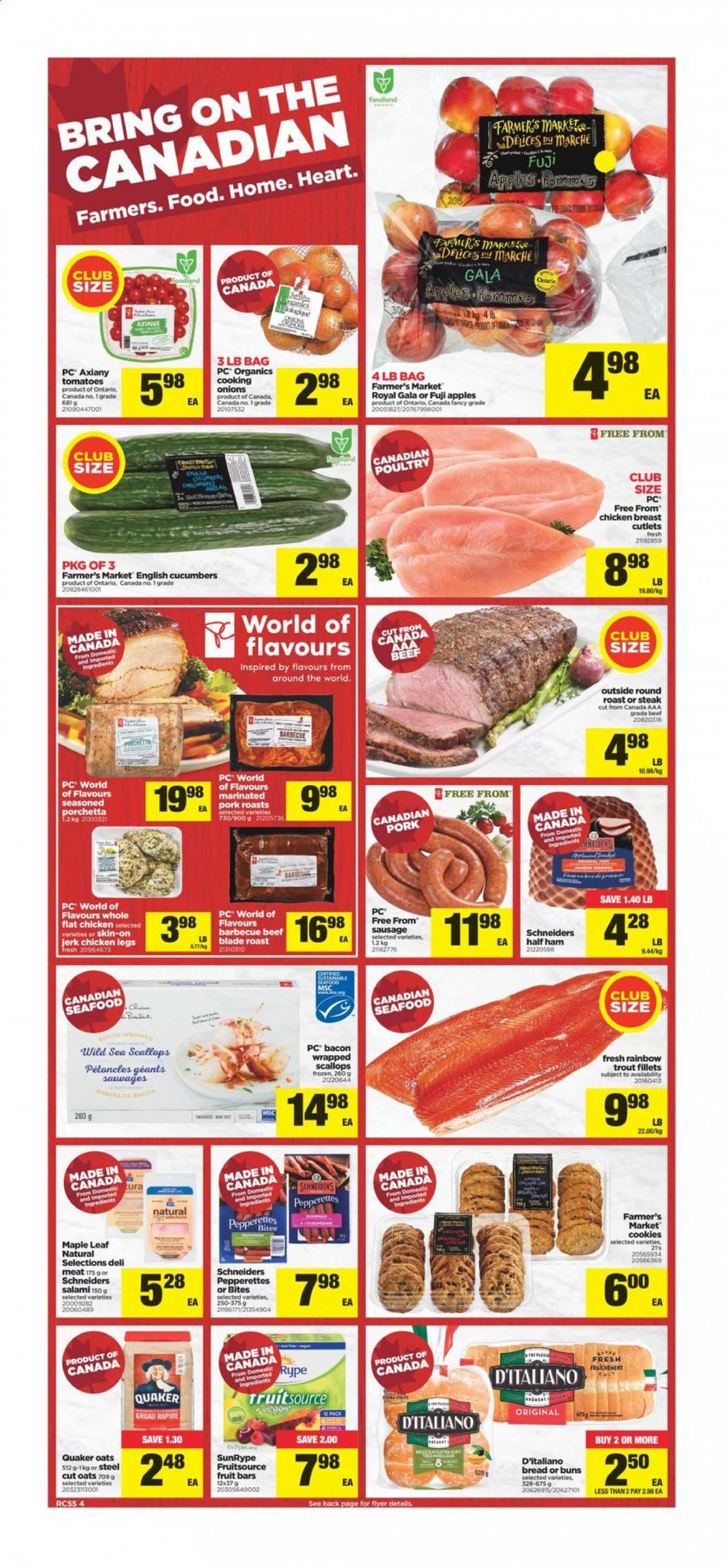 thumbnail - Real Canadian Superstore Flyer - March 25, 2021 - March 31, 2021 - Sales products - buns, tomatoes, onion, apples, Gala, Fuji apple, scallops, trout, seafood, Quaker, bacon, salami, half ham, ham, sausage, cookies, oats, chicken breasts, chicken legs, chicken, beef meat, round roast, pork meat, marinated pork, steak. Page 4.