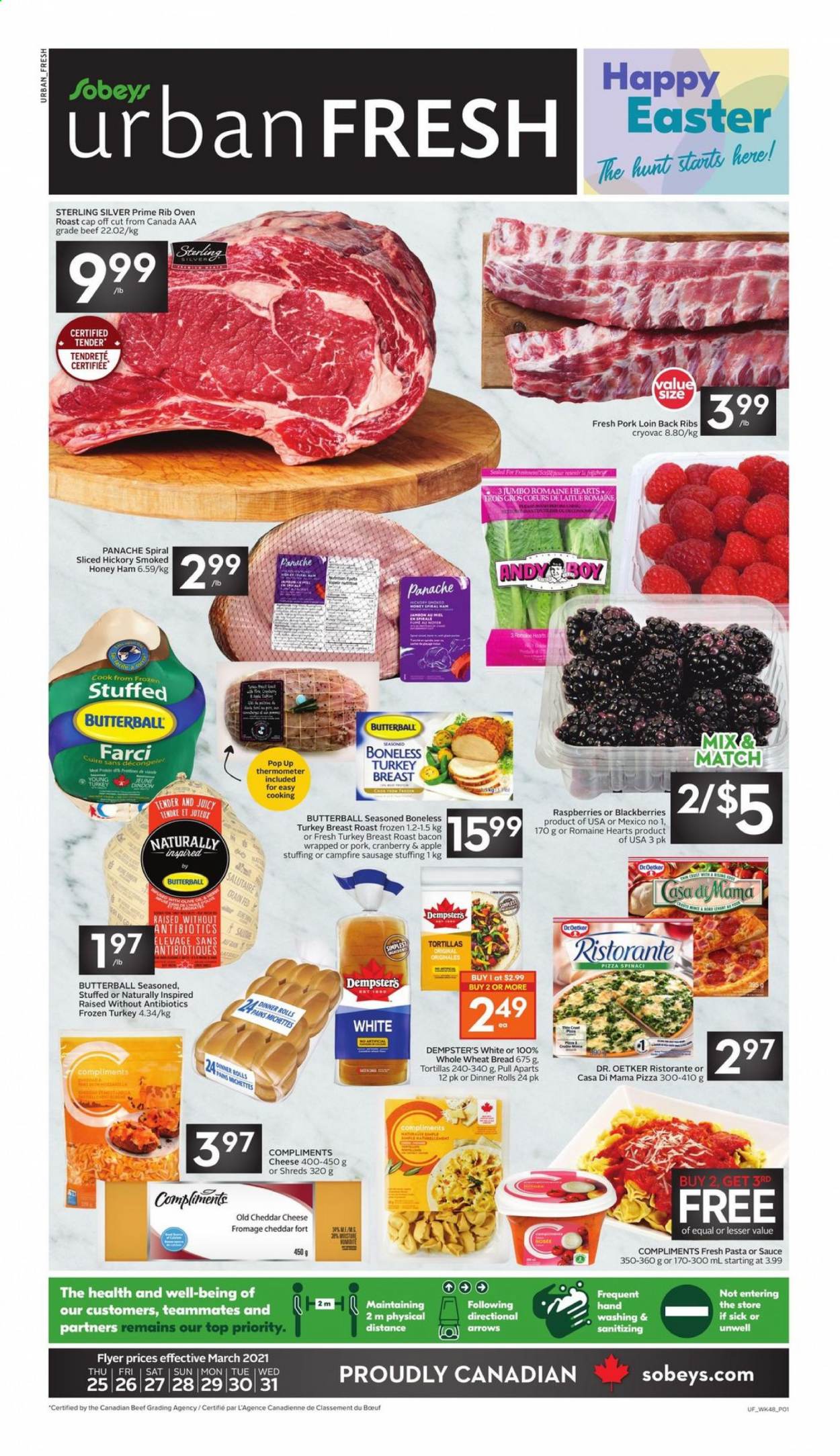 thumbnail - Sobeys Urban Fresh Flyer - March 25, 2021 - March 31, 2021 - Sales products - tortillas, wheat bread, dinner rolls, blackberries, pizza, bacon, Butterball, ham, sausage, cheddar, Dr. Oetker, turkey breast, whole turkey, turkey, pork loin, pork meat, nappies, thermometer. Page 1.