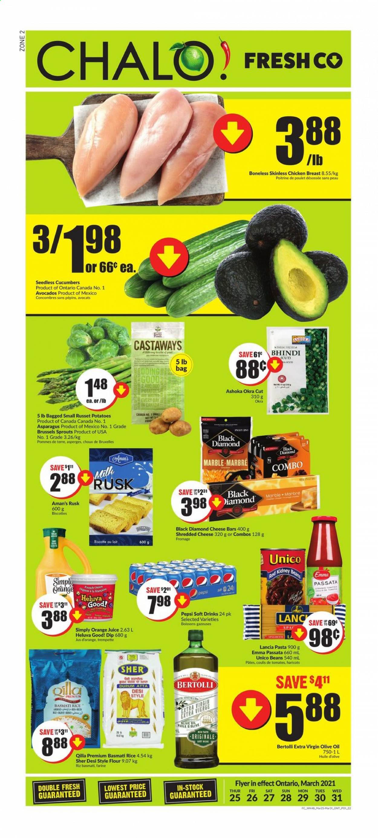 thumbnail - Chalo! FreshCo. Flyer - March 25, 2021 - March 31, 2021 - Sales products - rusks, asparagus, beans, cucumber, russet potatoes, potatoes, okra, brussel sprouts, avocado, pasta, Bertolli, shredded cheese, milk, dip, flour, kidney beans, basmati rice, rice, extra virgin olive oil, olive oil, oil, Pepsi, orange juice, juice, soft drink, chicken breasts, chicken. Page 1.