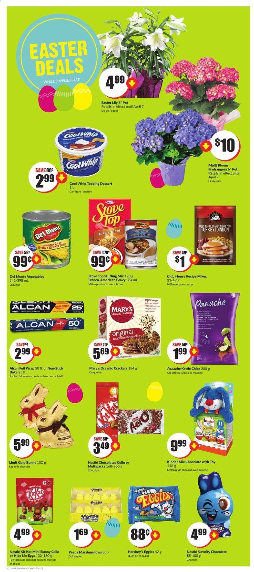 thumbnail - FreshCo. Flyer - March 25, 2021 - March 31, 2021 - Sales products - corn, eggs, Cool Whip, Hershey's, marshmallows, chocolate, KitKat, crackers, Peeps, stuffing mix, topping, Nestlé, chips. Page 4.