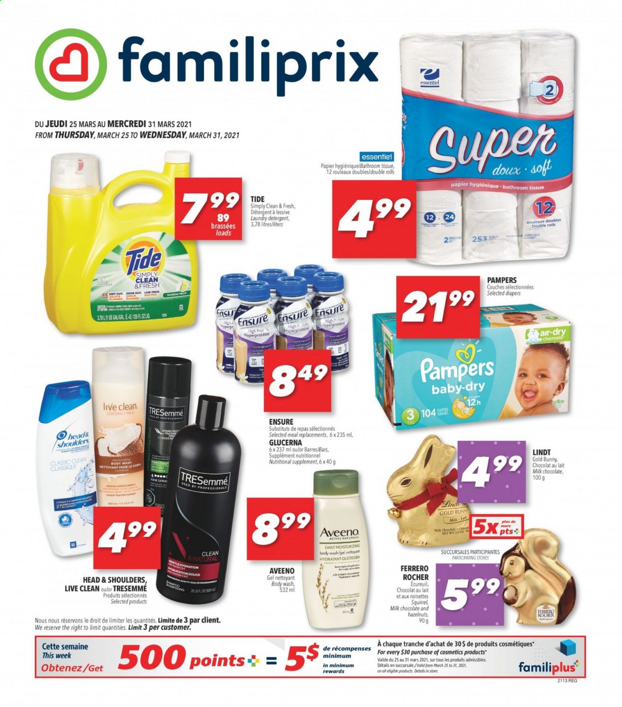 thumbnail - Familiprix Flyer - March 25, 2021 - March 31, 2021 - Sales products - milk chocolate, Mars, coconut milk, nappies, Aveeno, bath tissue, Tide, laundry detergent, body wash, TRESemmé, Glucerna, nutritional supplement, Head & Shoulders, Pampers. Page 1.