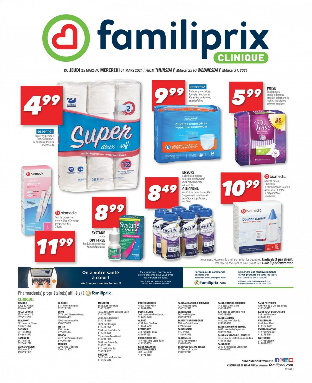 thumbnail - Familiprix Clinique Flyer - March 25, 2021 - March 31, 2021 - Sales products - Mars, bath tissue, pantiliners, Clinique, BIC, Glucerna, nutritional supplement, Systane. Page 1.