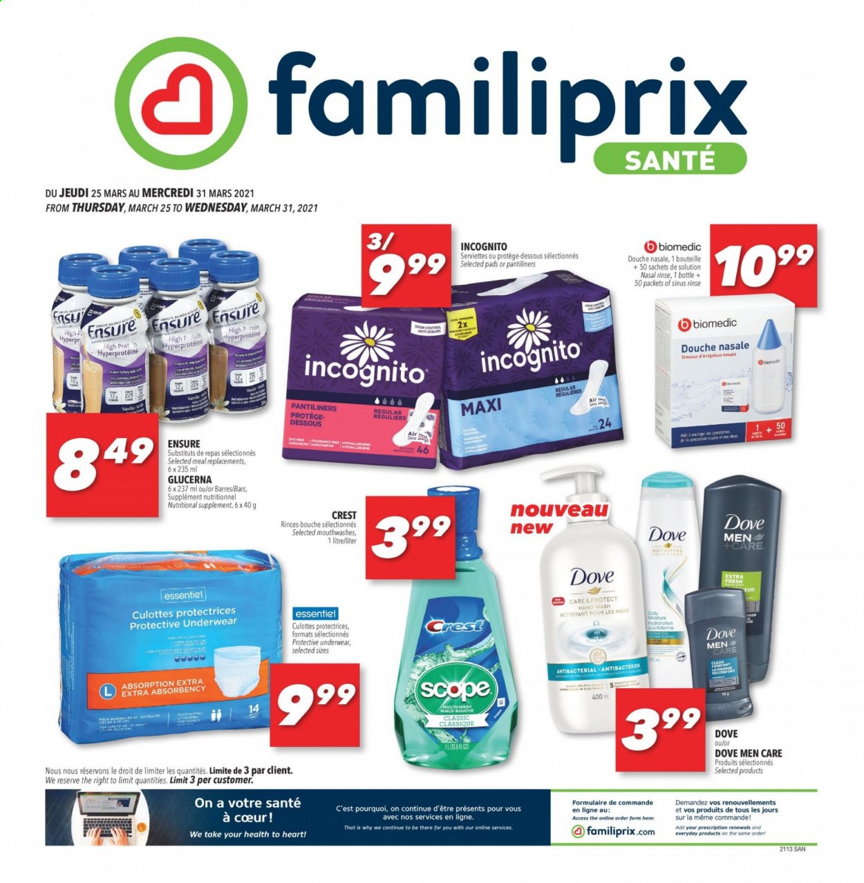 thumbnail - Familiprix Santé Flyer - March 25, 2021 - March 31, 2021 - Sales products - Mars, hand wash, Crest, pantiliners, Glucerna, nutritional supplement, shampoo. Page 1.