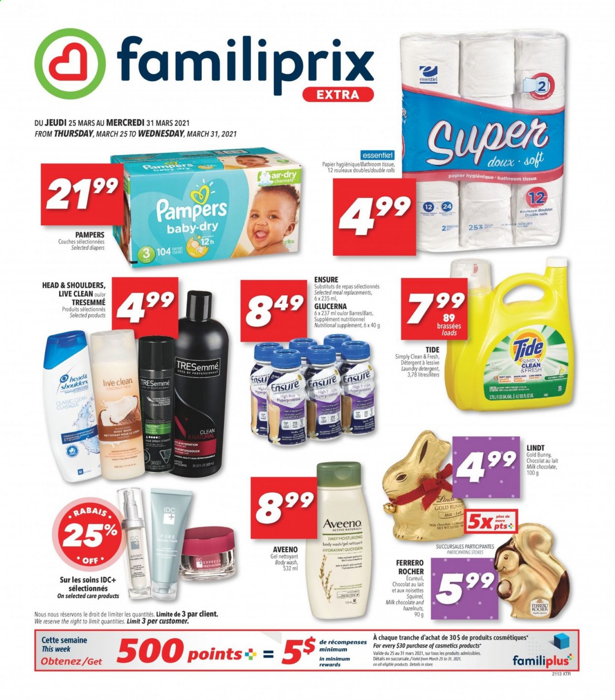 thumbnail - Familiprix Extra Flyer - March 25, 2021 - March 31, 2021 - Sales products - milk chocolate, Mars, coconut milk, Boost, nappies, Aveeno, bath tissue, Tide, laundry detergent, body wash, TRESemmé, Hask, Glucerna, nutritional supplement, Head & Shoulders, Pampers. Page 1.