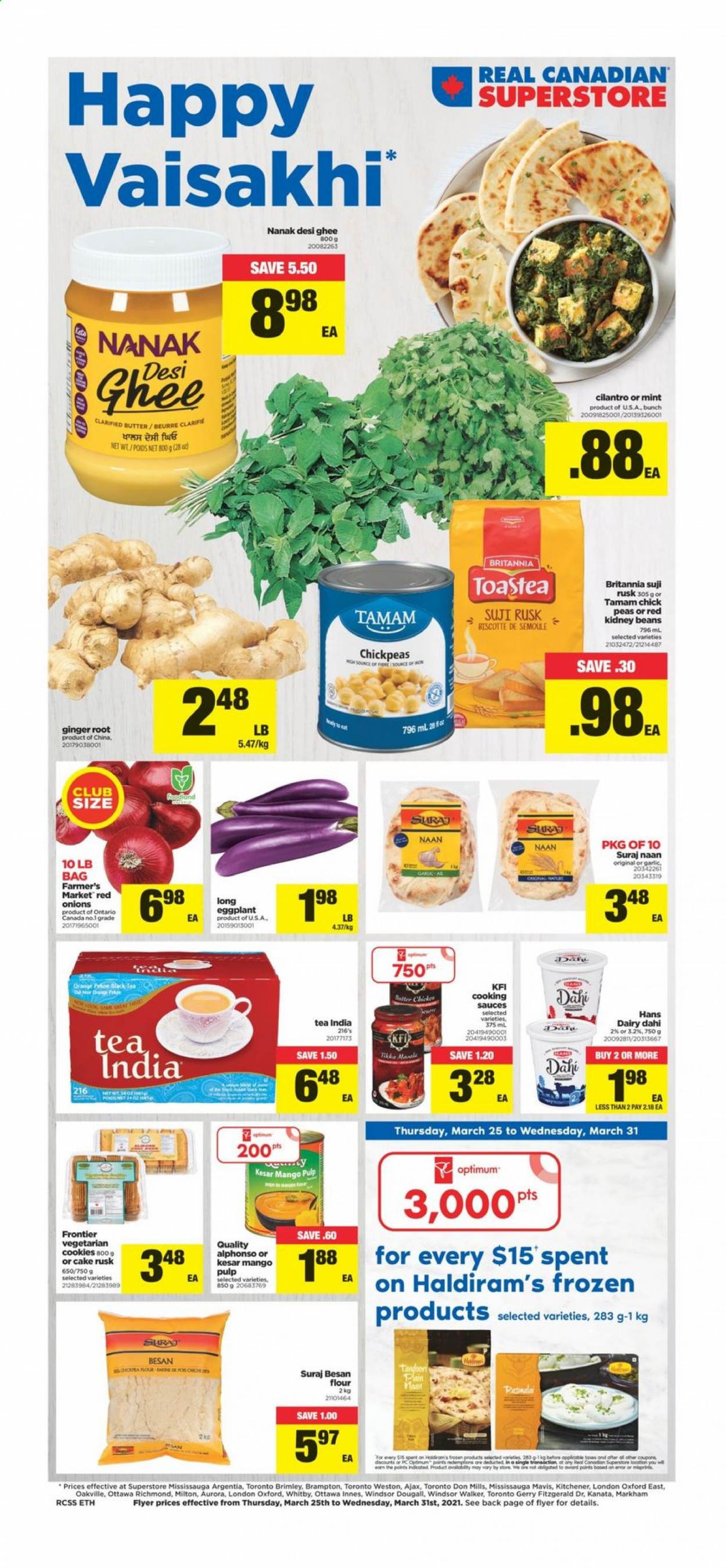 thumbnail - Real Canadian Superstore Flyer - March 25, 2021 - March 31, 2021 - Sales products - cake, rusks, beans, garlic, ginger, red onions, peas, onion, eggplant, mango, butter, ghee, cookies, flour, gram flour, kidney beans, chickpeas, cilantro, tea, Ajax, Optimum. Page 1.