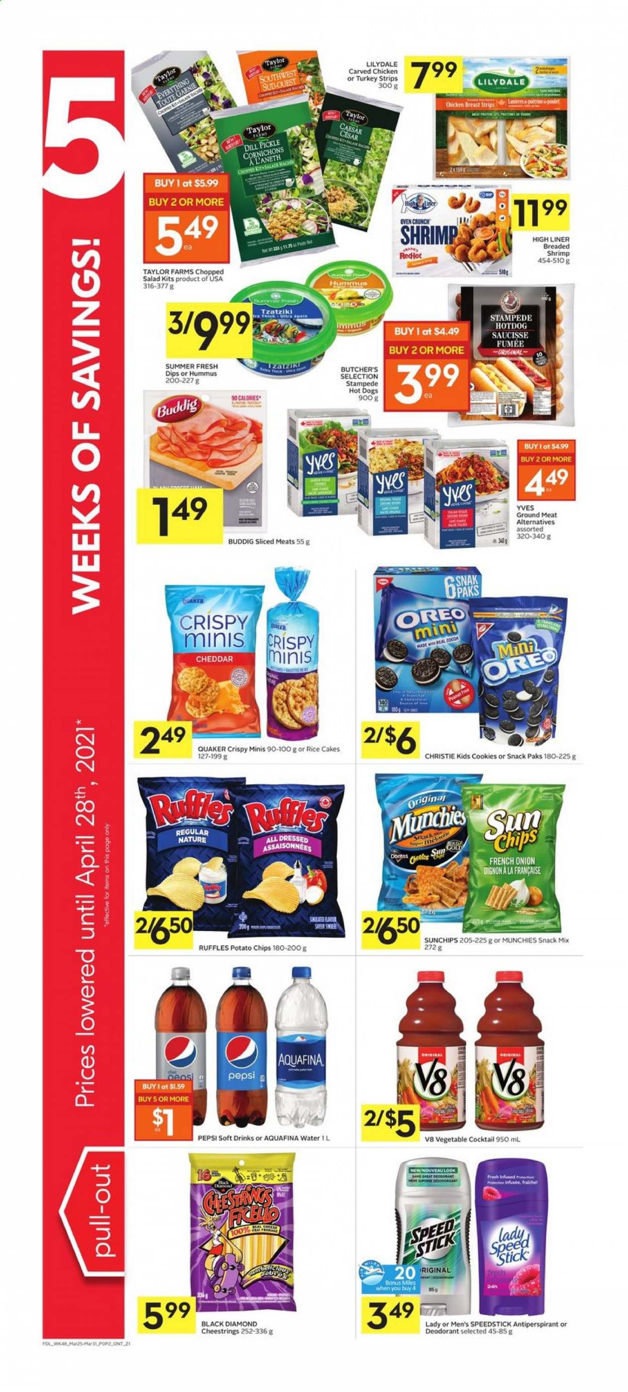 thumbnail - Foodland Flyer - March 25, 2021 - March 31, 2021 - Sales products - onion, salad, chopped salad, shrimps, hot dog, Quaker, tzatziki, hummus, string cheese, cheese, Oreo, strips, cookies, dill pickle, potato chips, Ruffles, cocoa, dill, Pepsi, soft drink, Aquafina, chicken, chips, deodorant. Page 3.