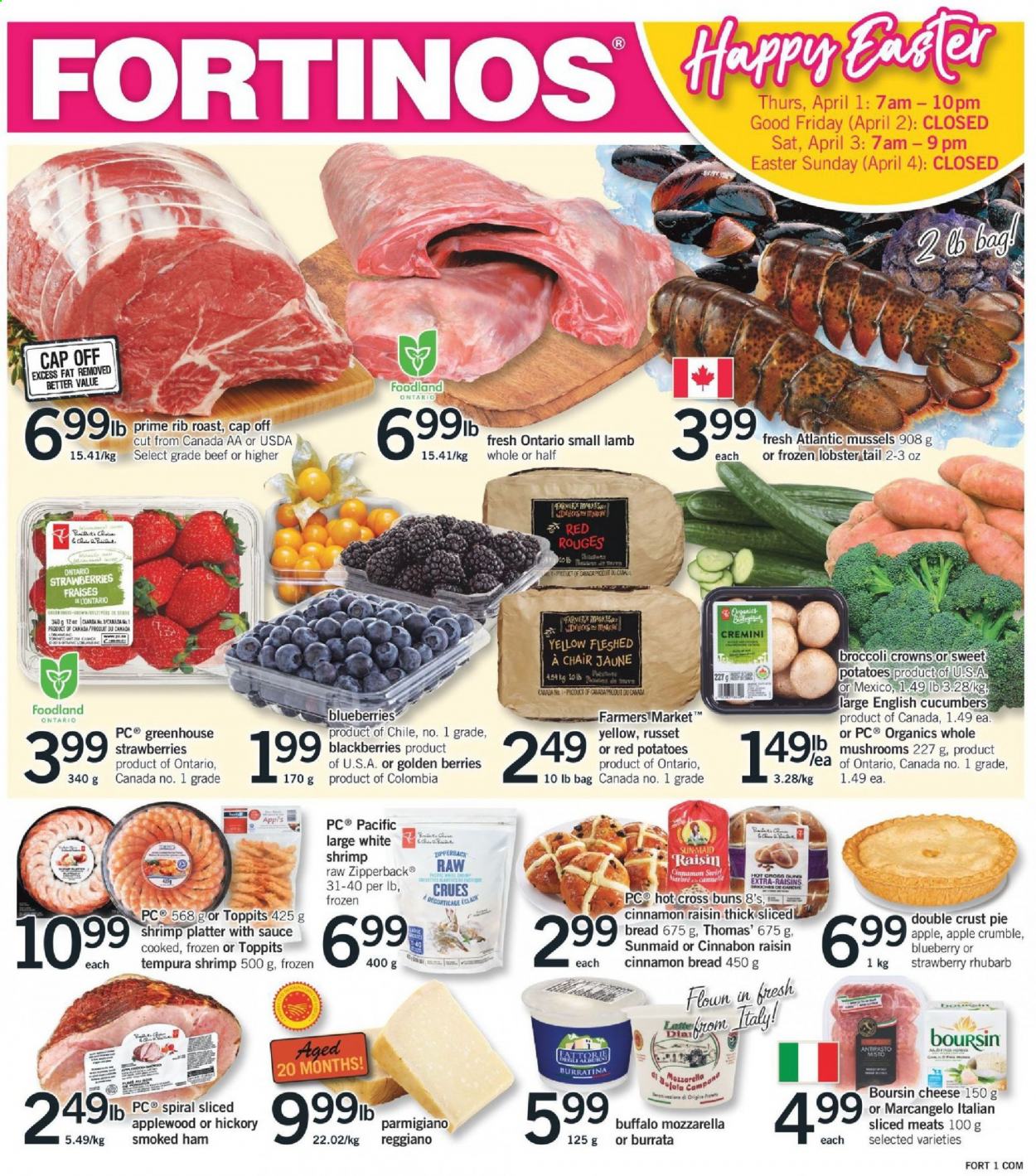 thumbnail - Circulaire Fortinos - 25 Mars 2021 - 31 Mars 2021 - Produits soldés - mozzarella, burrata, Boursin, fraises, Apple, raisins. Page 1.