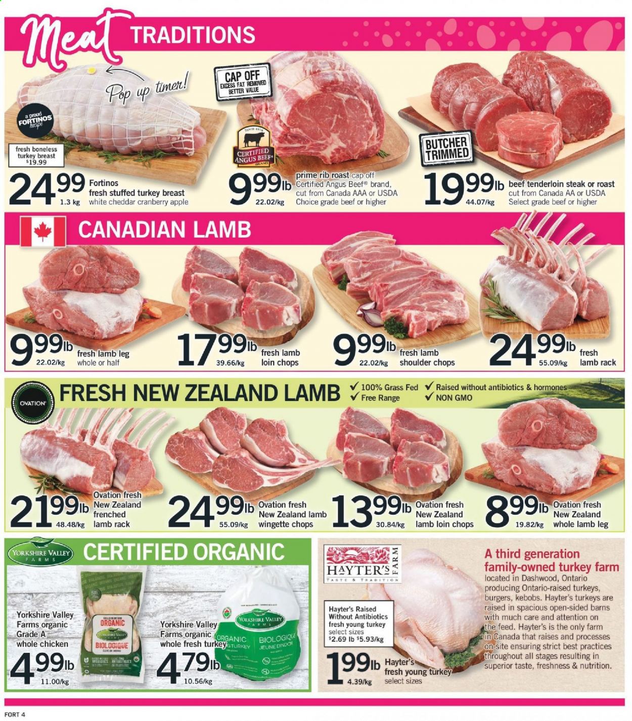 thumbnail - Fortinos Flyer - March 25, 2021 - March 31, 2021 - Sales products - Apple, hamburger, cheddar, cheese, turkey breast, whole chicken, chicken, turkey, beef meat, beef tenderloin, lamb loin, lamb meat, lamb shoulder, whole lamb, lamb leg, cap, steak. Page 4.